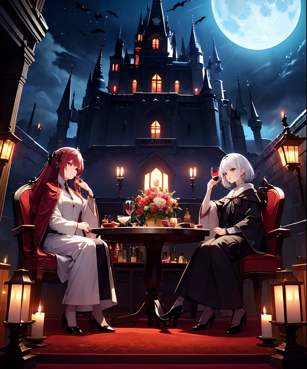 (((masterpiece)))、(((top-quality)))、((ultra-detailliert))、Vampires、Vampire、King of the Night、natta、Castles、a moon、rot、cloaks、the bats、red wine、wine glasses、chies、sit a chair、