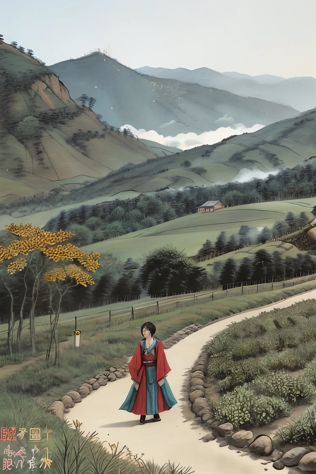 Mountain,wuchangshuo, wuchangshuo,tmasterpiece,Best quality at best,(The is very detailed的 CG unified 8k 壁纸)(best qualtiy),(Most Best Illustration),(Best shadow)Harvest wheat naturally,Super meticulous,Chrysanthemums are picked under the eastern fence,Leisurely,The South Mountain in the distance came into view。