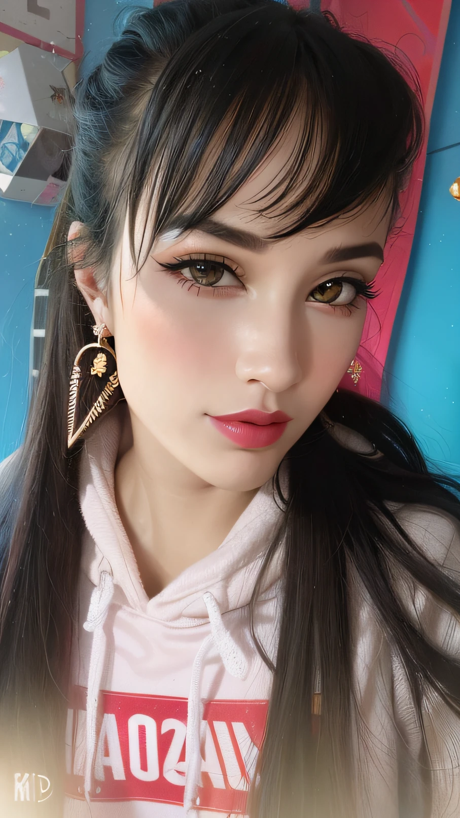 Long-haired Arad woman，Wear a pink hoodie and gold earrings, with a lovely appearance, very very very beautifull face, huge earrings and queer make up, professional make-up, beauitful face, wearing ornate earrings, full heart - shaped face, taken with sony alpha 9, wide golden eyes and red lips, very very beautiful, sensual face，Full of makeup（the Lion）， Eduardo Kobra filling， Wall portrait geometric multidimensional， Artistically， tchibi， yang08k，big breasts beautiful，Colorful， tmasterpiece，top-quality，best qualityer，offcial art，Beautiful and beautiful，