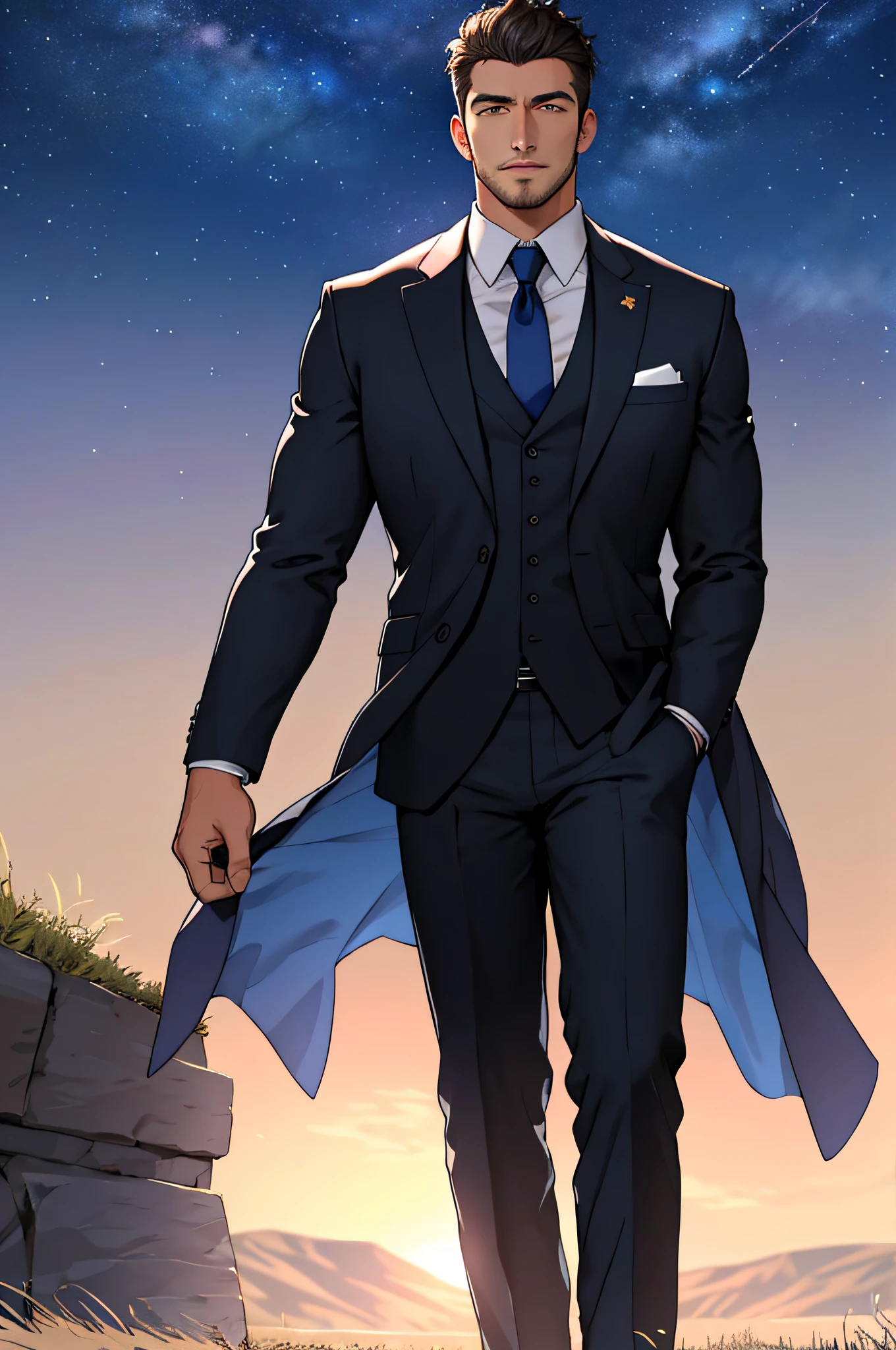 Draw a full-fledged footballer,Standing on the steppe at night,Quiet and comfortable background,He wears the same suit as the country's president,The suit fits perfectly,Handsome face,eyes with brightness,The man looks confident and determined,looking-down,Crew cut,full bodyesbian,Stars dot the sky,shooting from below,Big moon highlights background
