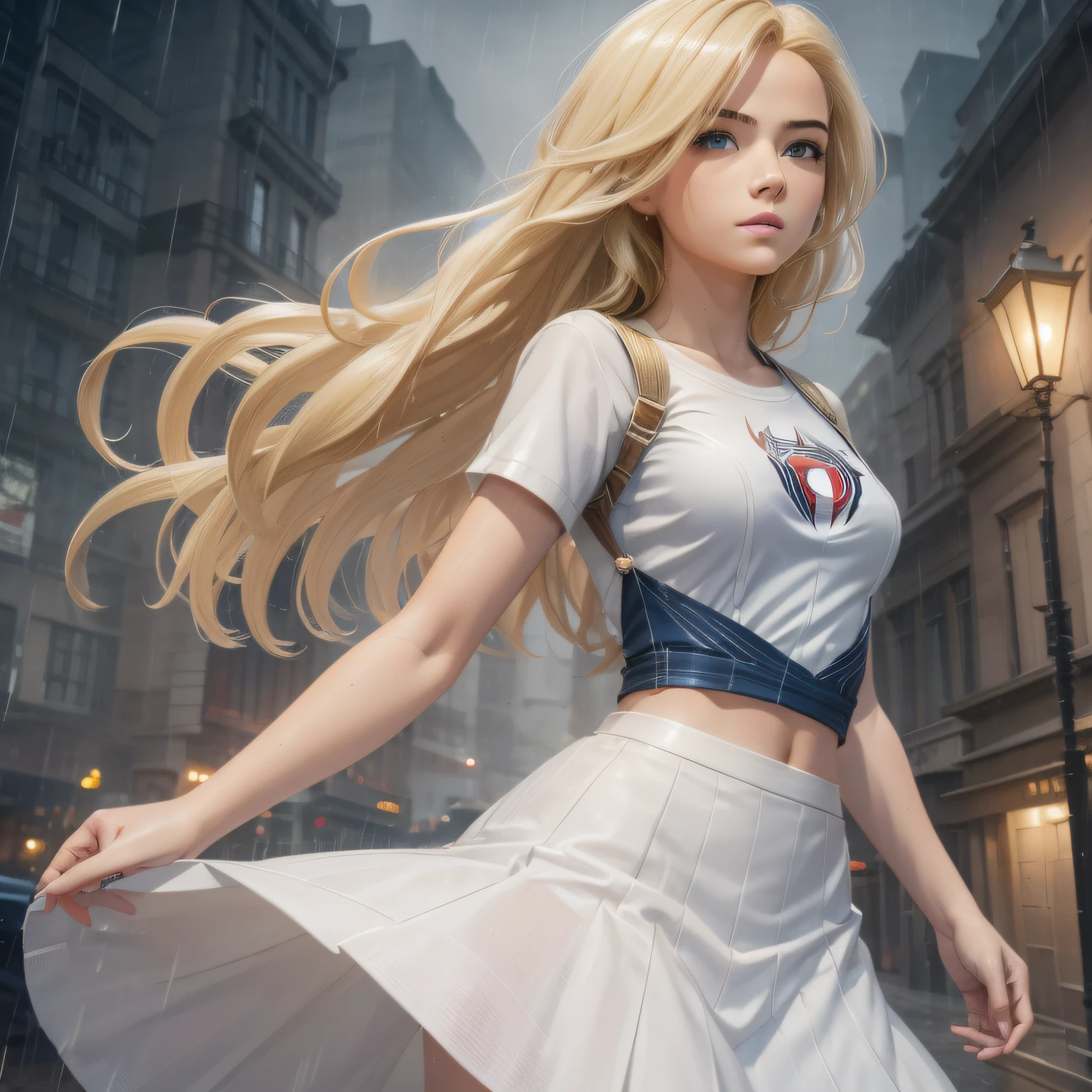 18 Yo girl, White Spider-Man skirt, with long coiled hair， Blonde, Beautiful face, rain, Roof, Masterpiece, intricately details, Perfect anatomy, Facial and body details.