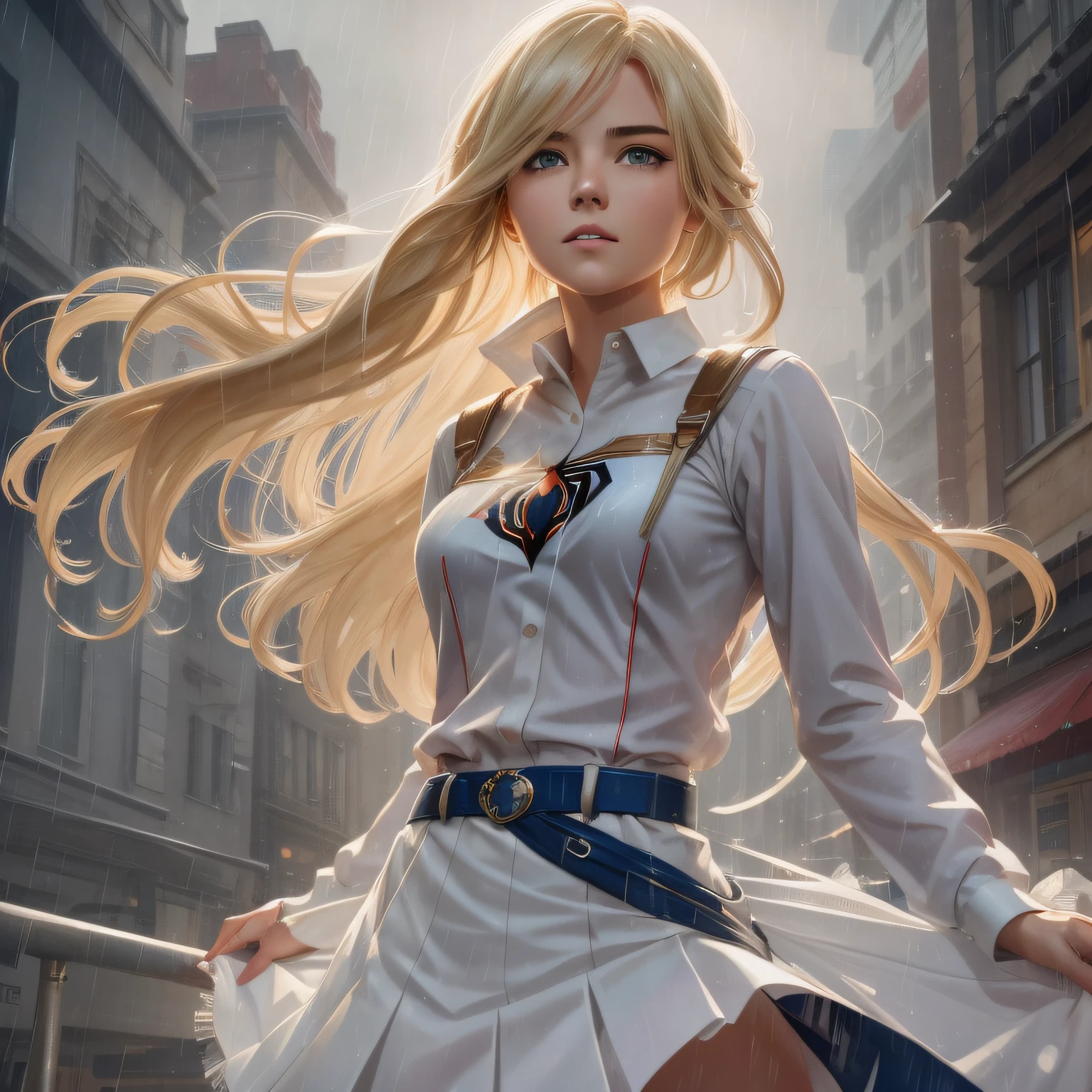 18 Yo girl, White Spider-Man skirt, with long coiled hair, Blonde, Beautiful face, rain, Roof, Masterpiece, intricately details, Perfect anatomy, Facial and body details.