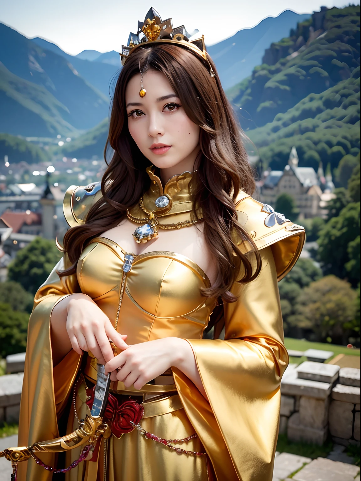 (masutepiece), Professional , masterpiece、top-quality、photos realistic , depth of fields (Gemstone Silver Metal Body:1.9),(Matte yellow、Jewel Gold Weapon、(Gorgeous castle background)、(Jewel Metal Body:1.4),Gorgeous Jewel Metal Weapons , Detailed Sword of the Brave ,( Soldier background in metal armor) ,warhammer 40k , adepta sororitas,Detail and ornate jewel crown、独奏、Brown hair、(Gangle's forest background)、Beautiful Caucasian beauty、1a person、dynamic ungle,(((Diamond tiara with detail and luxury)))、a small face、A smile、Powerful poses、(Gorgeous castle background)、huge filesize、20 year old beautiful woman、Stand in the center of the screen、Thin female fingers、Straight long hair、Beautiful Caucasian beauty、