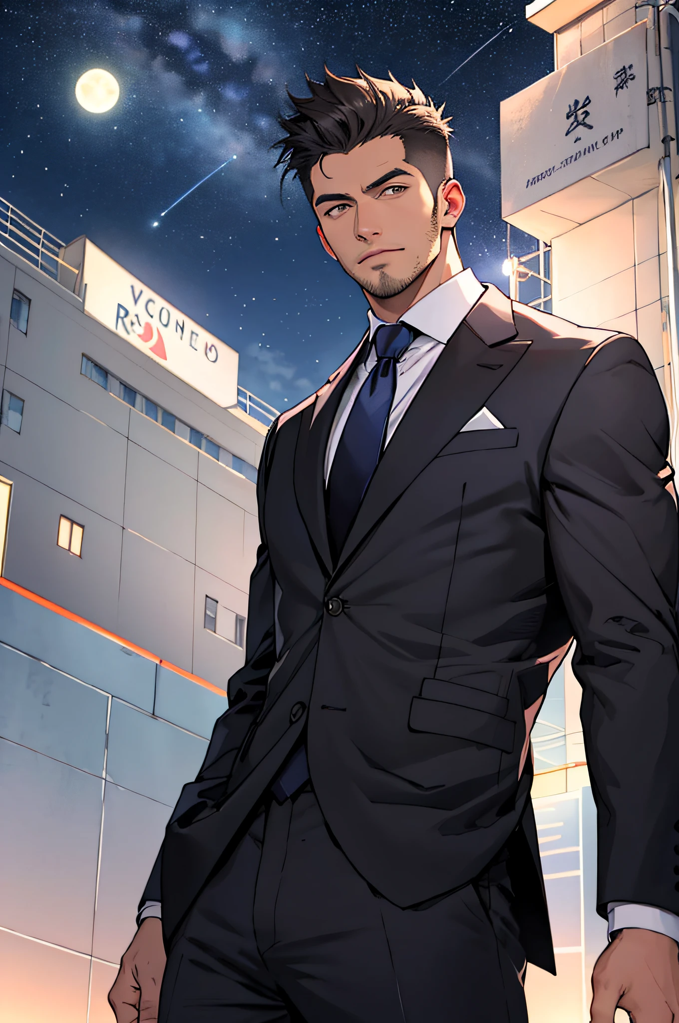 Draw a full-fledged footballer,Standing on the steppe at night,Quiet and comfortable background,He wears the same suit as the country's president,The suit fits perfectly,Handsome face,eyes with brightness,The man looks confident and determined,looking-down,Crew cut,full bodyesbian,Stars dot the sky,shooting from below,Big moon highlights background