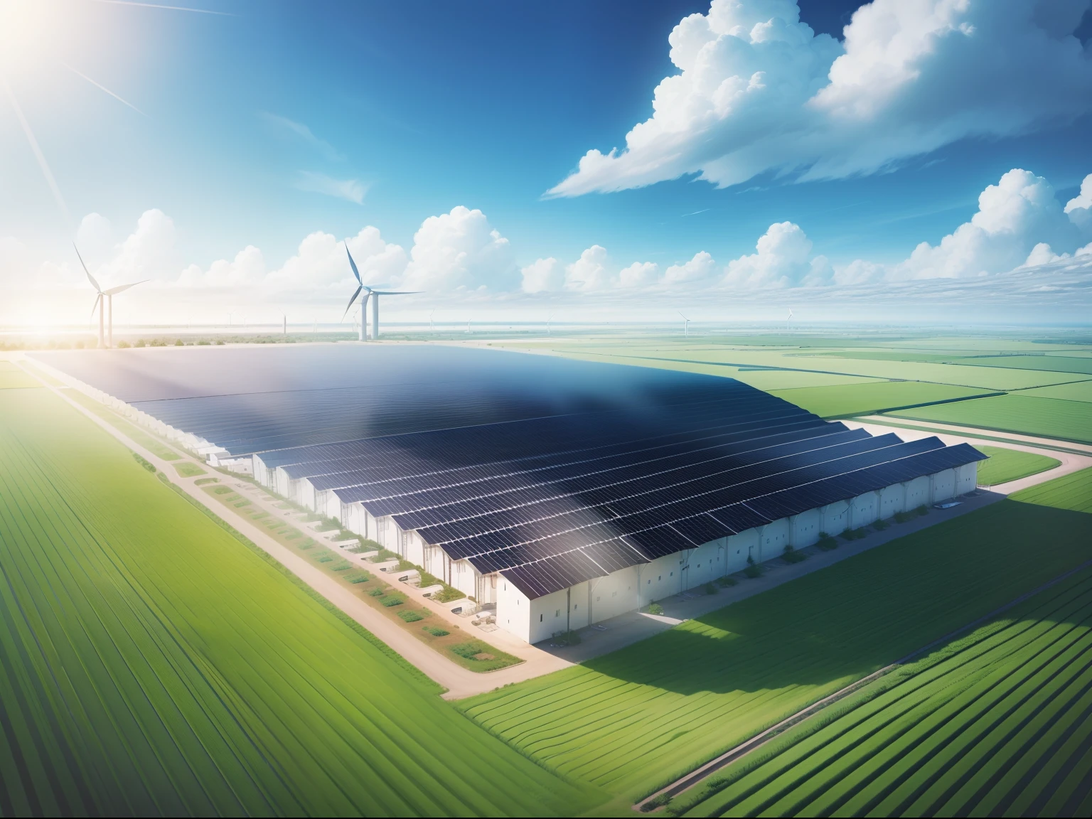 HD background image，A field full of solar panels，with blue sky and white clouds，rays of sunshine，Wind power stations，grass field