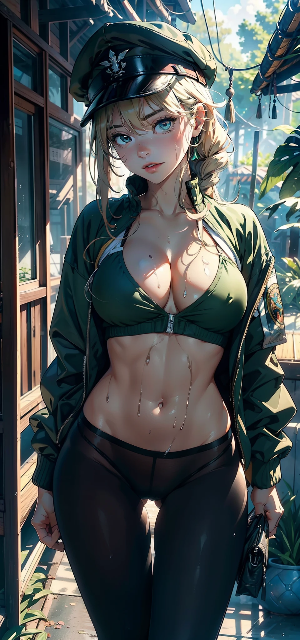 1female,,teenrl,extremely large bosom,Pornographic exposure, 独奏,(Background with:the rainforest,in summer,Ground area water,exteriors) Casual blonde hairstyle,Stride,Sweat profusely,drenched all over the body,seen from the front , mostly cloudy sky,(((tmasterpiece),(Very detailed CG unity 8K wallpaper),best qualtiy,cinmatic lighting,detailed back ground,beatiful detailed eyes,Bright pupils,(Very fine and beautiful),(Beautiful and detailed eye description),ultra - detailed,tmasterpiece,)),face to the viewer,frontage,A high resolution,ultra - detailed)nakeness,Wipe off panties,revealing breasts,Bare genitalia, Bulge,Camel toes,Raised sexy,Lewd expression,Flushed complexion,Open-mouthed,frontage,military hat,(Wearing:green colored bomber jacket,Black pantyhose)athletic sneakers