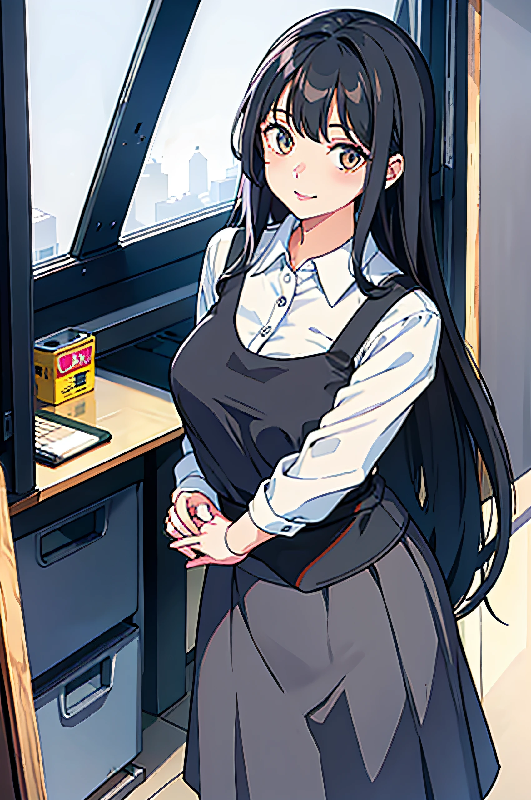A beautiful girl with long black hair and waist,Gray cat's eye,Workplace attire,Cheerful expression,Thin stature