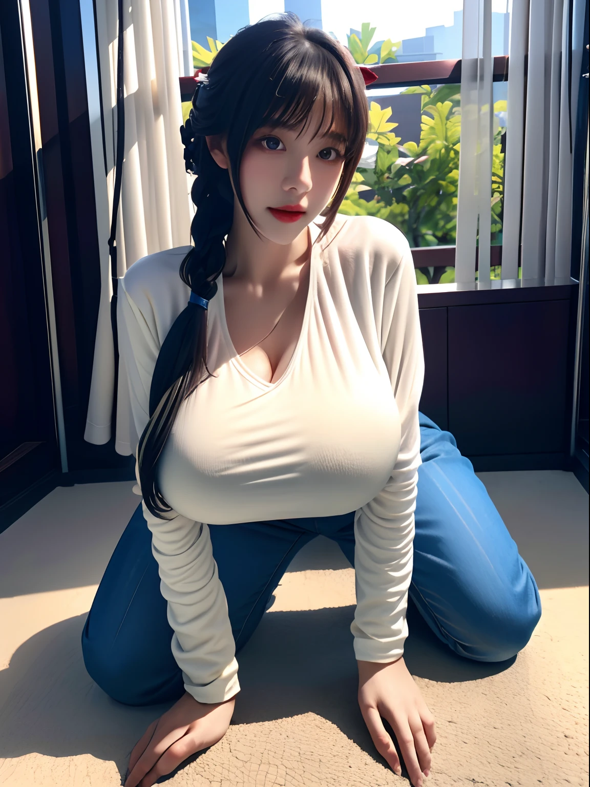 （A little loli little girl），Frontal photo，Take a full-body photo，dual horsetail，（Immature Slightly thin face），The action of tearing off the shirt with both hands，showing waist，kneels on the ground，The breasts are pressed against the thighs，（Super swollen: Exaggerated scale: Swelling, Huge chest，super gigantic breasts），（Full clothing supported by breasts），（Plump clothing is supported by breasts），long whitr hair，（Wearing a white shirt，white jean），Pose，Adopt a variety of sports positions，Pure temperament，ssmile，perfect  eyes, perfect hand，超高分辨率, Movie Angle, Professional lighting, best qualtiy, tmasterpiece, Perfect focus，Background bokeh，realisticlying，Ultra-high ress fabric texture，8k eye details，8K pupils，