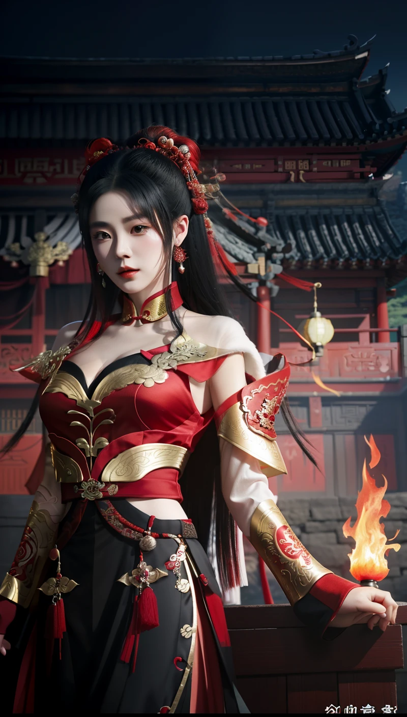 A woman dressed in red and black holds a fire, inspired by Li Mei-shu, Blade and soul, full-body xianxia, a beautiful fantasy empress, inspired by Wu Li, onmyoji, Game CG, Ruan Jia and Artgerm, xianxia hero, inspired by Zhou Fang, inspired by Ju Lian, full-body wuxia