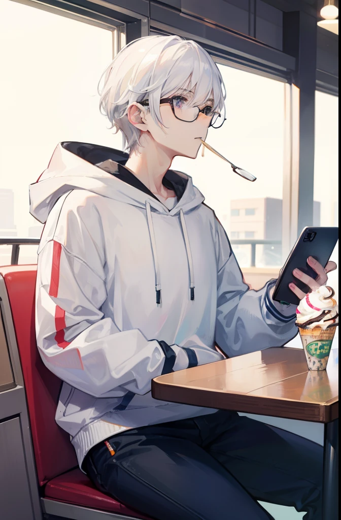 "A stylish white-haired man with a hoodie and glasses, enjoying an ice cream while engrossed in his phone at an ice cream parlor."