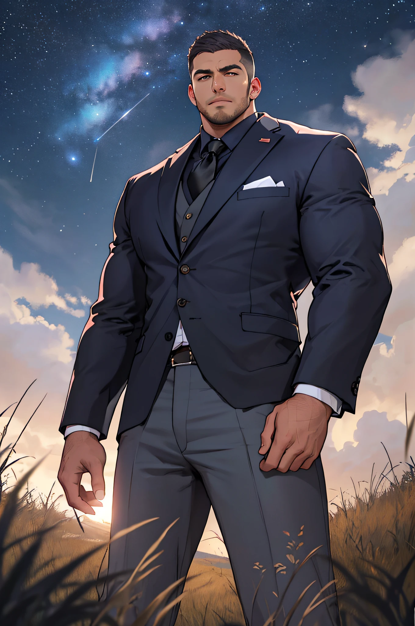 Draw a full-fledged footballer,Standing on the steppe at night,Quiet and comfortable background,He wears the same suit as the country's president,The suit fits perfectly,Handsome face,eyes with brightness,The man looks confident and determined,looking-down,Crew cut,full bodyesbian,Stars dot the sky,shooting from below,Big moon highlights background