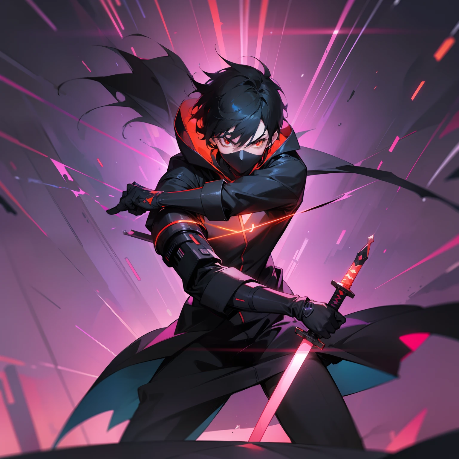 One boy with short black hair, sporting a mysterious black mask with gleaming orange eyes, dressed in a striking red shirt and a long black coat, skillfully wielding a pair of dual long swords—one gleaming in vibrant red and the other mesmerizingly purple. The scene unfolds against the backdrop of a dystopian cyberpunk city at night, pulsating with neon lights and a futuristic aura, all rendered in breathtaking high resolution 8k quality