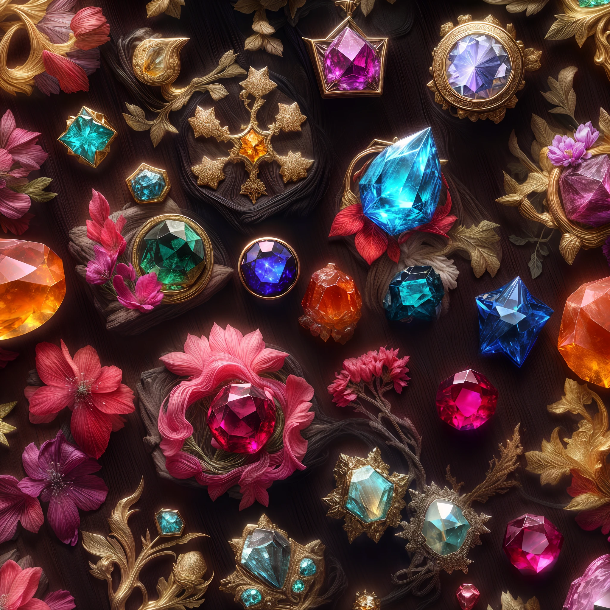 (Forest life style: 1.2), (Full Focus: 2), (Everything in Display Cabinet: 1.3), (Magic Items | Colorful Gems | Cherry Blossoms | Printed Silk Products | Medals | Ores | Obsidian | Pearl | Emerald | White Jade | Amethyst | Sapphire | Gold Products | Silver Products | Purple Gold | Magical Jewelry | Antiques | Ruby | Orange Gem | Blue Gem | Topaz |: 2), Magic Symbols, Magic Particle Effects, High Tech Luxury, High Value Jewelry, High Value Metal, Luxury items, no puzzles, detailed and complex backgrounds, sparkling, reflective light, ultra high definition, award-winning, a high-resolution, high detail texture, contrast between light and dark, cinematic lighting, masterpieces, ray tracing, structurally correct, super details, high-quality, high detail, best quality, 16k