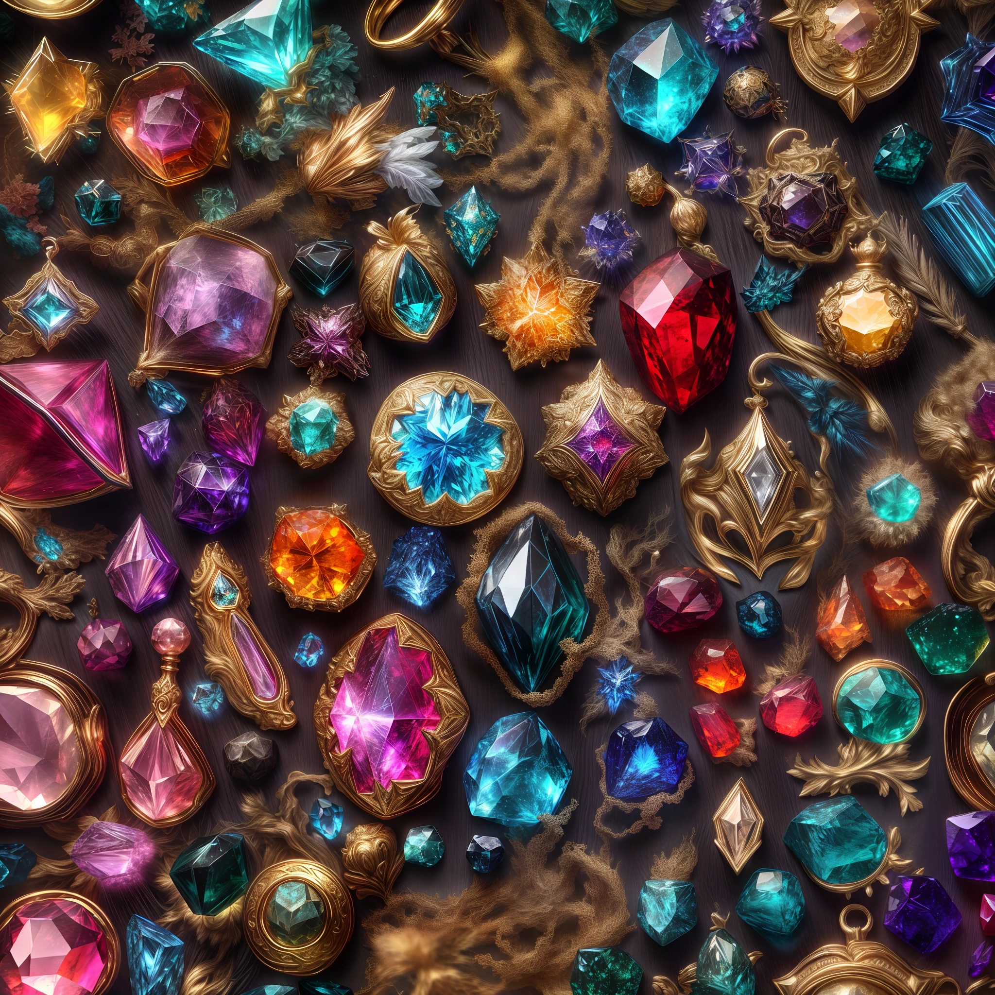 (Forest life style: 1.2), (Full Focus: 2), (Everything in Display Cabinet: 1.3), (Magic Items | Colorful Gems | Cherry Blossoms | Printed Silk Products | Medals | Ores | Obsidian | Pearl | Emerald | White Jade | Amethyst | Sapphire | Gold Products | Silver Products | Purple Gold | Magical Jewelry | Antiques | Ruby | Orange Gem | Blue Gem | Topaz |: 2), Magic Symbols, Magic Particle Effects, High Tech Luxury, High Value Jewelry, High Value Metal, Luxury items, no puzzles, detailed and complex backgrounds, sparkling, reflective light, ultra high definition, award-winning, a high-resolution, high detail texture, contrast between light and dark, cinematic lighting, masterpieces, ray tracing, structurally correct, super details, high-quality, high detail, best quality, 16k