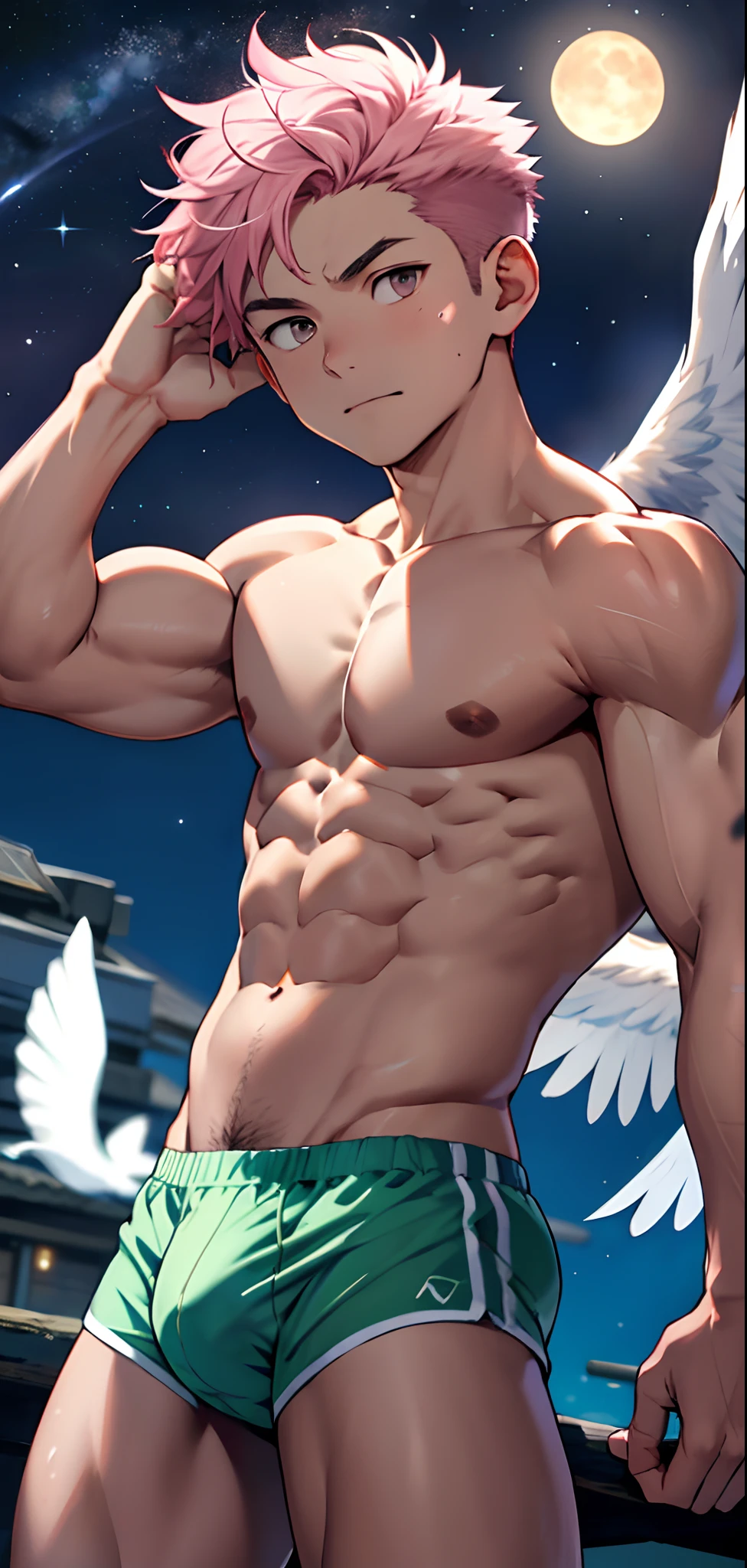 (masterpiece, best quality),Soar among the stars,Fly in the air,afloat,Light golden feathered wings,Pink briefs,Male children,nakeness,Kid's face,Flat chin,infancy,(Kid's face),Pink belly hair,Pink chest hair,Pink pubic hair,Flat chin,Fine face in detail,White men's briefs,musculous,pink short hair,Bright Hair,White eyes,Keep your eyes wide open,nakeness,White briefs,White briefs,Pectoralis abdominal muscles,Strong and well-developed muscles,bright,Bright and vivid colors,(depth of fields:1.2),Positive audience,looking at viewert,the night