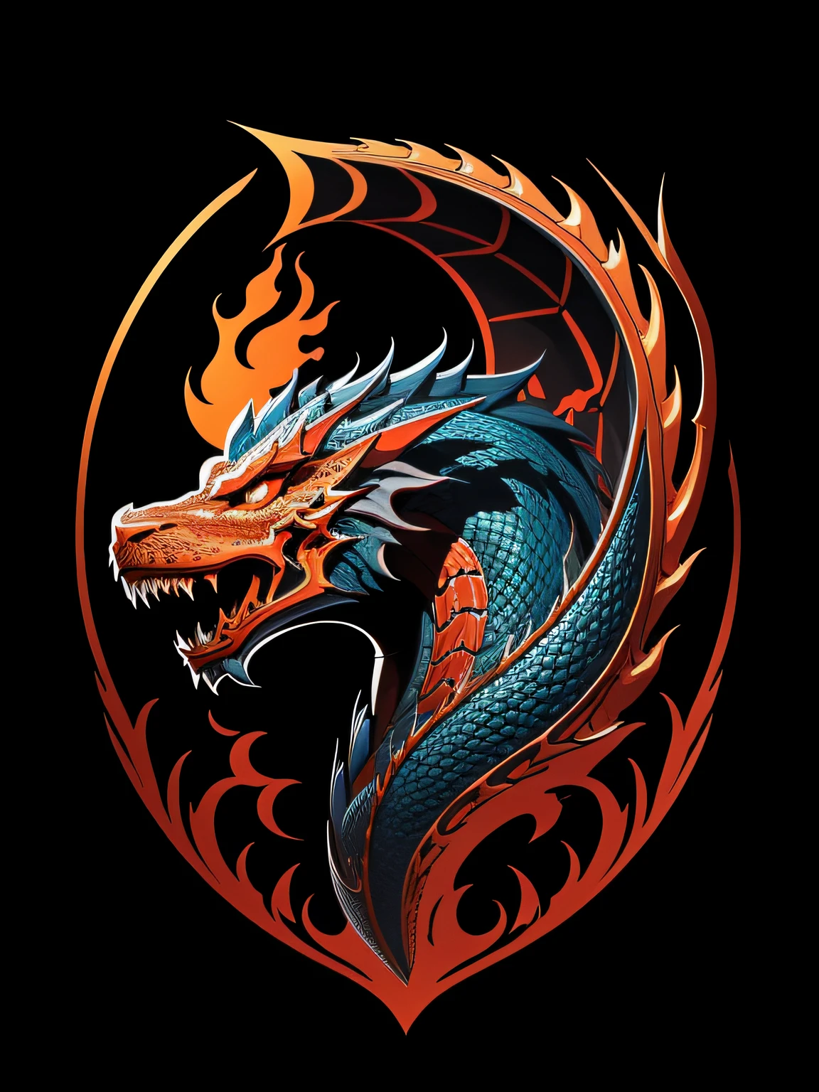 [chinese dragon] Heraldic silhouette, logo masking style illustration, by dan mumford, by greg rutkowski, by james jean, black background, mysterious, fantasy art, realistic, majestic, rich vibrant colors, high contrast, seamless water brand, artstation, deviantart, dribble, redbubble, teepublic, sharp focus, simple, hyper detailed, detailed drawing, vectorize, outline, isometric style, 8k."