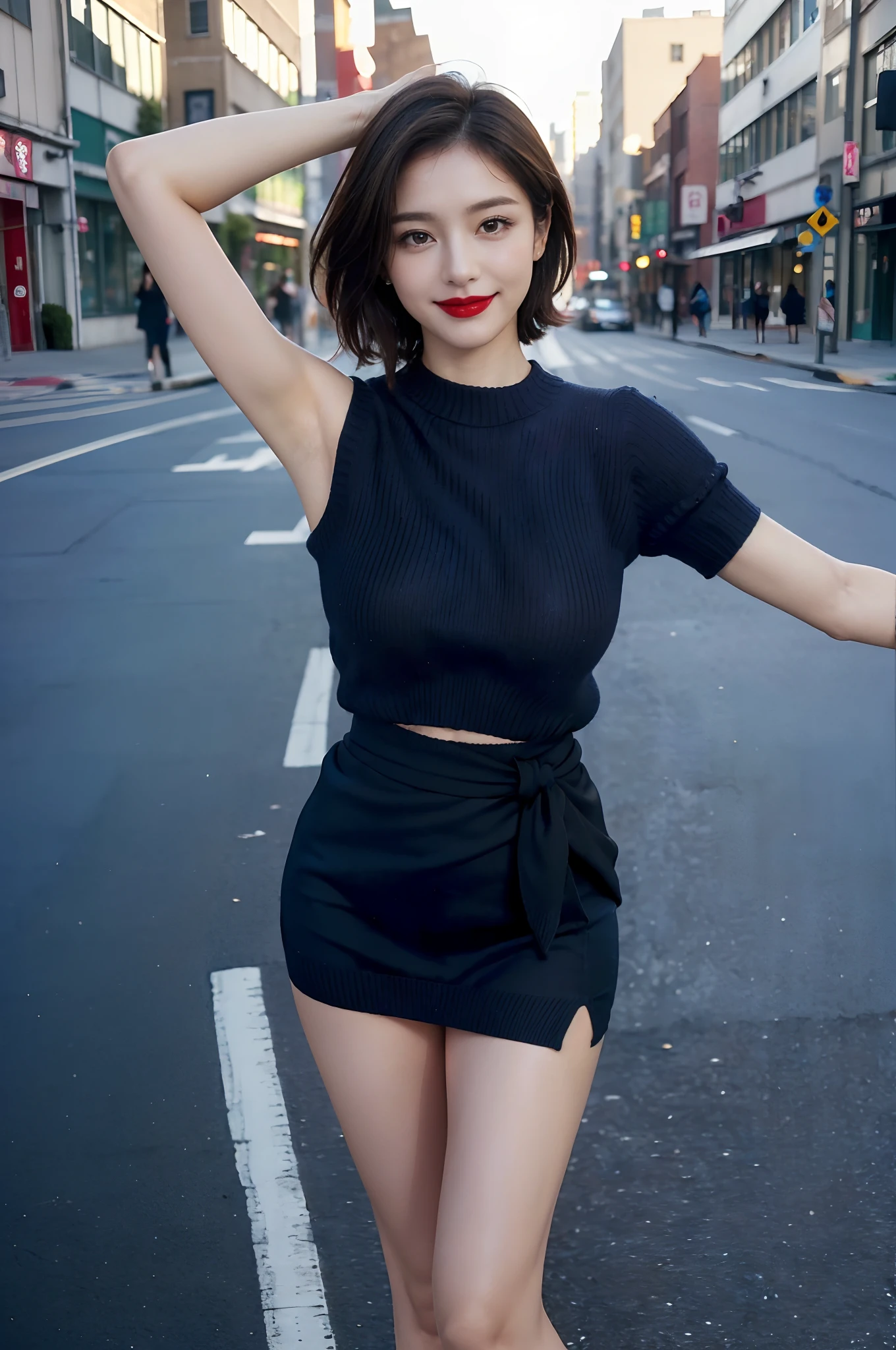 ((Show underarms、Ultra-realistic armpits、、Armpit、Detailed armpit wrinkles、Detailed armpit pores、Realistic armpit skin、Black armpit skin、Black armpits、armpit pose、gazing at viewer、smil、Full body armpits standing facing the viewer、Show both armpits、micromini skirt、Very short skirt、No panties、With no pan、Super mini skirt with waist length slit、No pants Super mini skirt with waist-length slit、Standing on the street、Stand in the middle of town、in a street)), (illustratio), (hight resolution), (8K), (ighly detailed), (The best illustrations), (armpit pose、beatiful detailed eyes), (top-quality), (ultra-detailliert), (masterpiece), (wall-paper), (详细的脸), (A smile、((40 years,red lipsticks,femele,Show realistic armpits))、Brown hair,short-hair,((Woman without panties in dark blue short-sleeved sweater and very short skirt)), japanes,