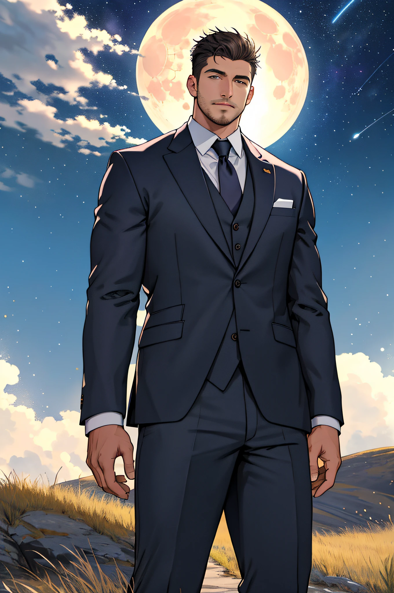 Draw a full-fledged footballer,Standing on the steppe at night,Quiet and comfortable background,He wears the same suit as the country's president,The suit fits perfectly,Handsome face,eyes with brightness,The man looks confident and determined,looking-down,Crew cut,full bodyesbian,Stars dot the sky,shooting from below,Big moon highlights background
