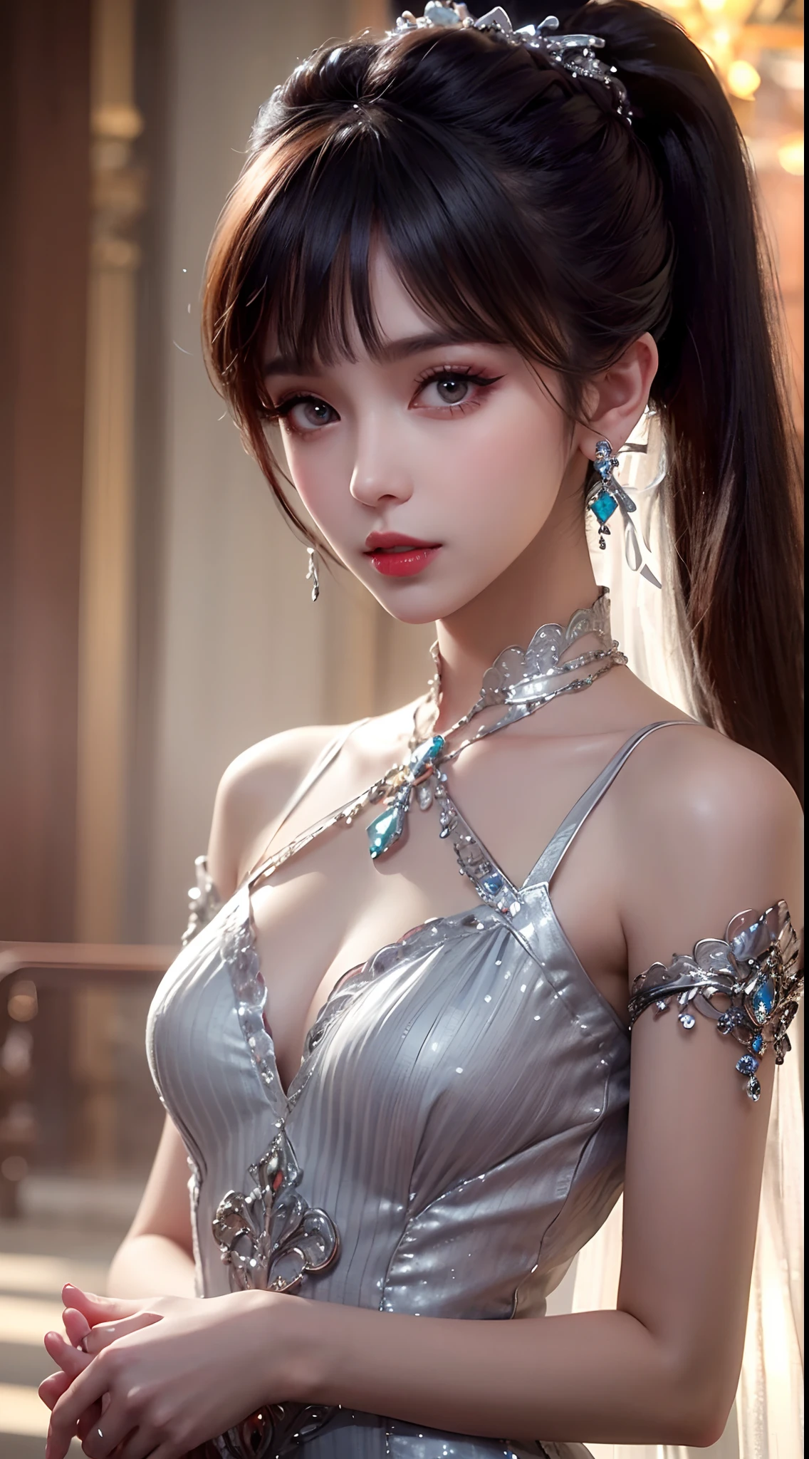 8K ultra hd, masterpiece, best quality, a beautiful girl, long hair, impressive hairstyle, royal hair jewelry, pretty cute face, flawless face, jewellery earrings, antique jewellery, details eyes, beautiful eyes, meticulous makeup, thin eyebrows, beautiful red lips, medium breasts, silver mesh socks, thin silver silk shirt with many white motifs, white lace shirt, long bangs and a long platinum silver ponytail, realistic colors, magic effects, Ancient hanfu background, look directly at the audience, whole body capture,