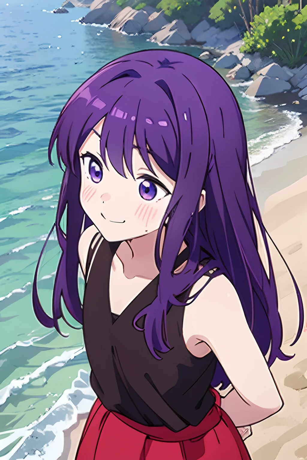 best quality, kubo_san, 1girl,((Loli)),small brest,  long purple hair, purple eyes, smile, blush,standing, arms behind back, upper body, outdoors, beach, sunshine, sea, Presenting armpit, sweaty armpit, arm up, ((condom belt)), , opened clothes