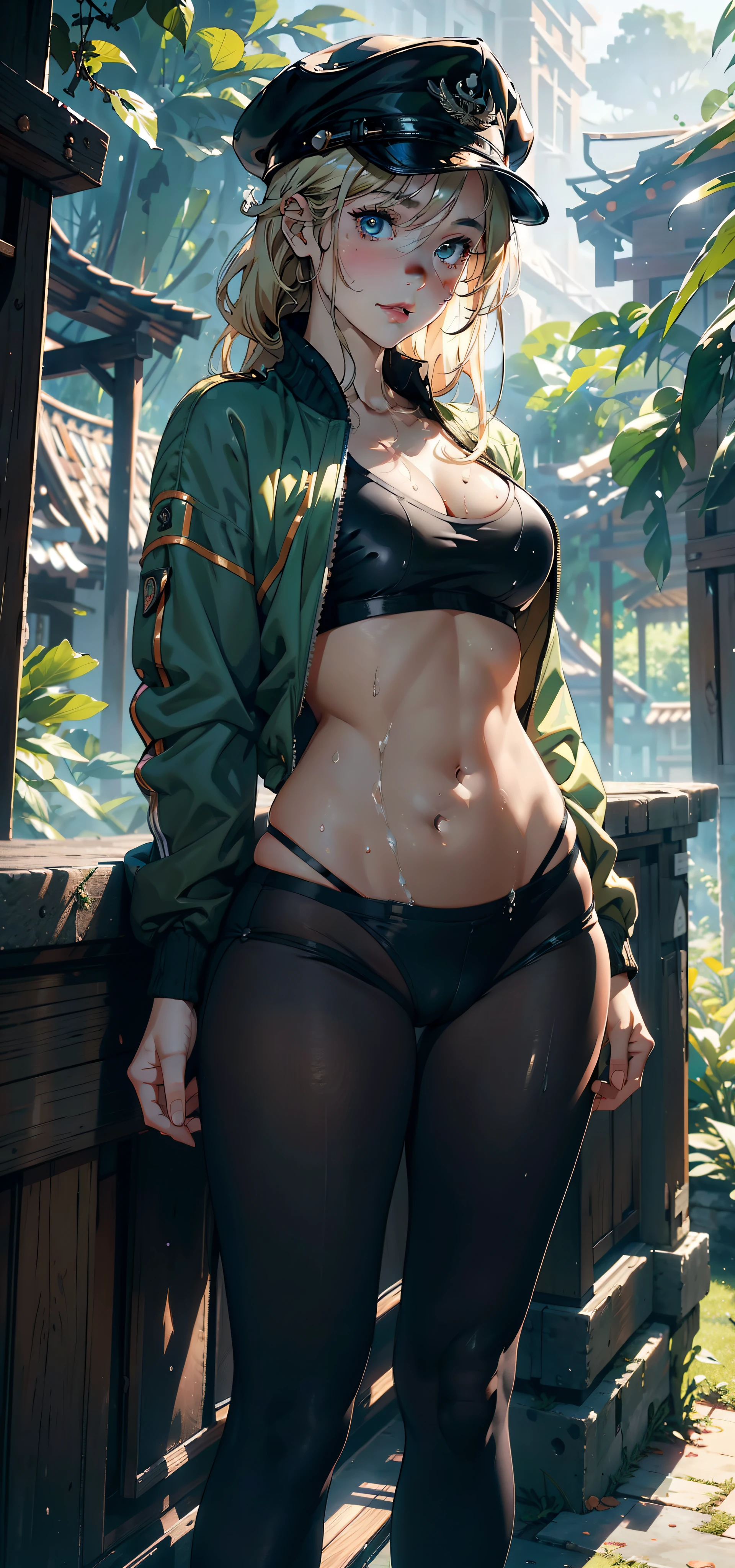 1female,,teens girl,extremely large bosom,Pornographic exposure, 独奏,(Background with:the rainforest,in summer,Ground area water,exteriors) Casual blonde hairstyle,Stride,Sweat profusely,drenched all over the body,seen from the front , mostly cloudy sky,(((tmasterpiece),(Very detailed CG unity 8K wallpaper),best qualtiy,cinmatic lighting,detailed back ground,beatiful detailed eyes,Bright pupils,(Very fine and beautiful),(Beautiful and detailed eye description),ultra - detailed,tmasterpiece,)),face to the viewer,frontage,A high resolution,ultra - detailed)nakeness,Wipe off panties,revealing breasts,Bare genitalia, Bulge,Camel toes,Raised sexy,Lewd expression,Flushed complexion,Open-mouthed,frontage,military hat,(Wearing:green colored bomber jacket,Black pantyhose)athletic sneakers