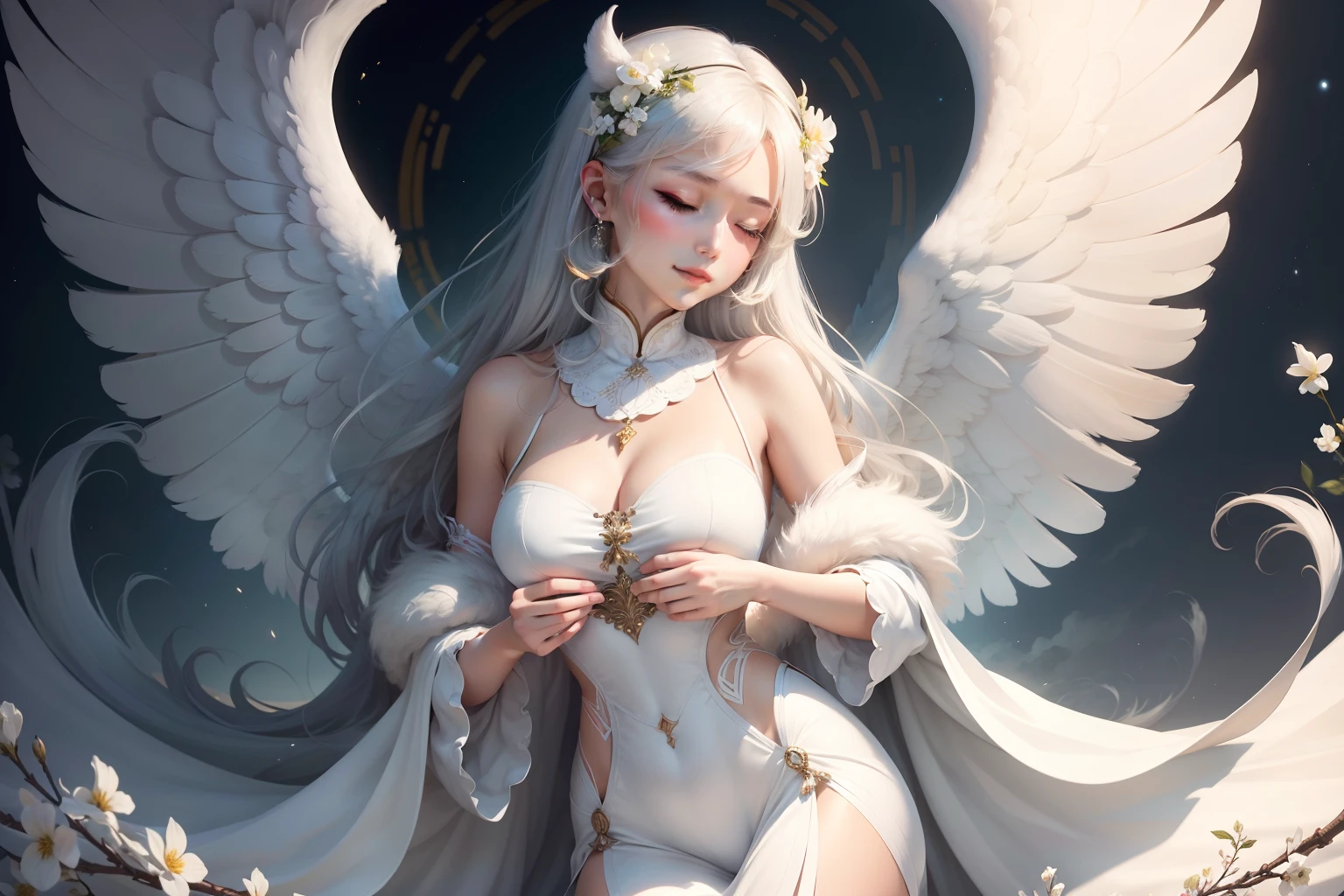 solo person，Big characters，Absolutely beautiful and lovely，femele，Master masterpieces，Angels with spread wings，Fine white fur，Close your eyes and smile，Hold your hands in front of your chest，Mouth blowing。