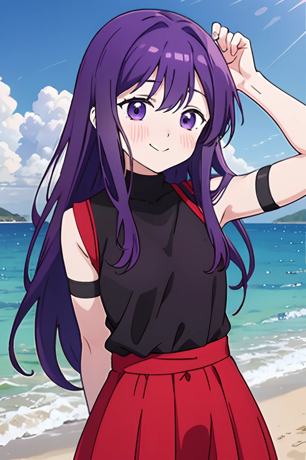 best quality, kubo_san, 1girl,((Loli)),small brest,  long purple hair, purple eyes, smile, blush,standing, arms behind back, upper body, outdoors, beach, sunshine, sea, Presenting armpit, sweaty armpit, arm up, ((condom belt)), , opened clothes