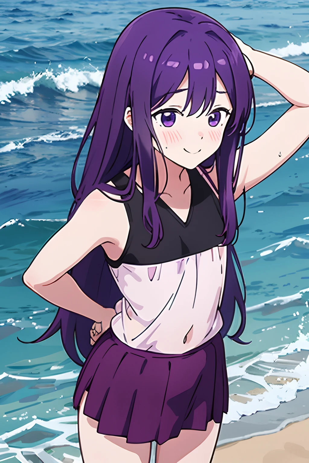 best quality, kubo_san, 1girl,((Loli)),small brest,  long purple hair, purple eyes, smile, blush,standing, arms behind back, upper body, outdoors, beach, sunshine, sea, Presenting armpit, sweaty armpit, arm up, ((condom belt)), , opened clothes