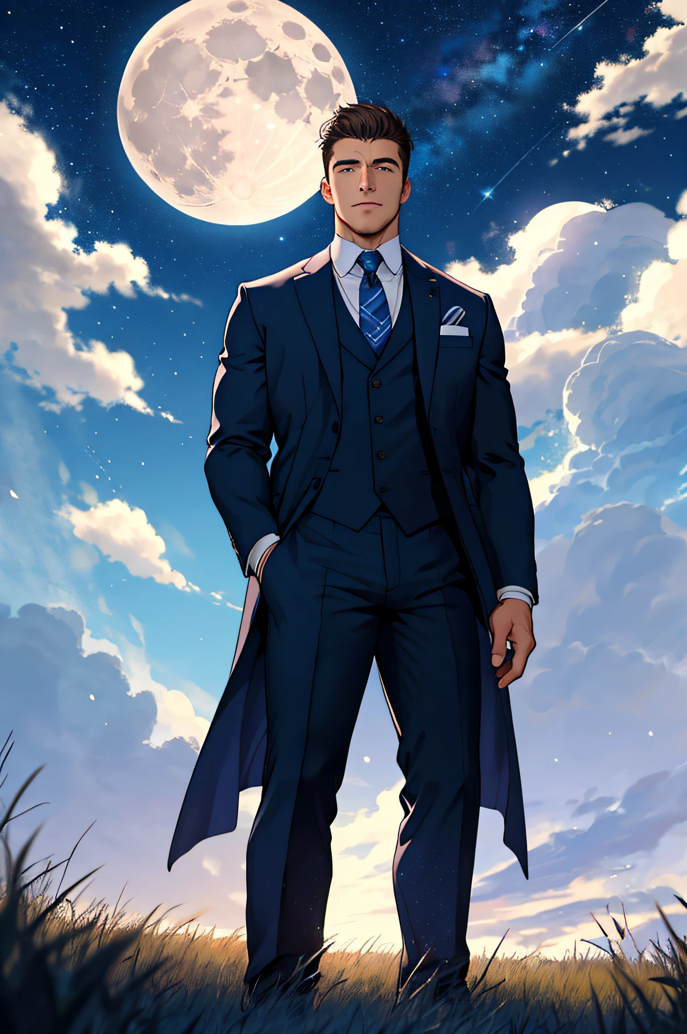 Draw a full-fledged footballer，Standing on the steppe at night，Quiet and comfortable background，He wears the same suit as the country's president，The suit fits perfectly，Handsome face，eyes with brightness，The man looks confident and determined，looking-down，Crew cut，full bodyesbian，Stars dot the sky，shooting from below，Big moon highlights background