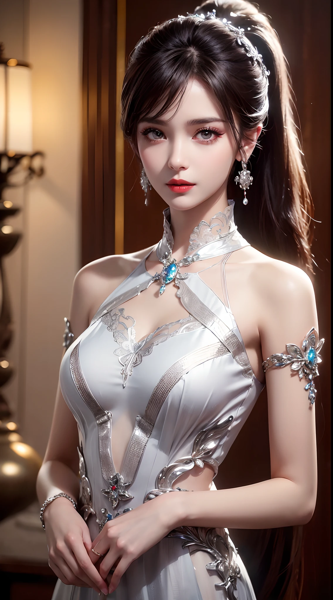 8K ultra hd, masterpiece, best quality, a beautiful girl, long hair, impressive hairstyle, royal hair jewelry, pretty cute face, flawless face, jewellery earrings, antique jewellery, details eyes, beautiful eyes, meticulous makeup, thin eyebrows, beautiful red lips, medium breasts, silver mesh socks, thin silver silk shirt with many white motifs, white lace shirt, long bangs and a long platinum silver ponytail, realistic colors, magic effects, Ancient hanfu background, look directly at the audience, whole body capture,