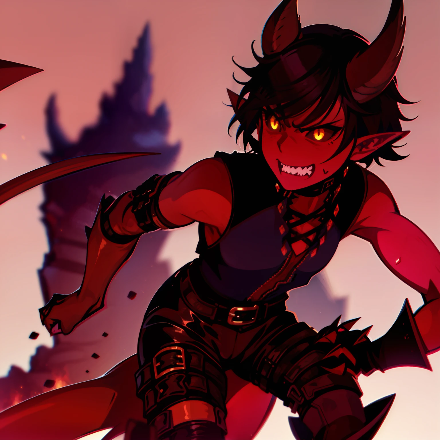 1girl, tiefling, red skin, yellow eyes, black sclera, pointy ears, horns, short brown hair, sharp teeth, black sleeveless shirt, black shorts, rogue outfit, demon tail, black boots, goggles on head, perfect anatomy, solo, cowboy shot, simple background