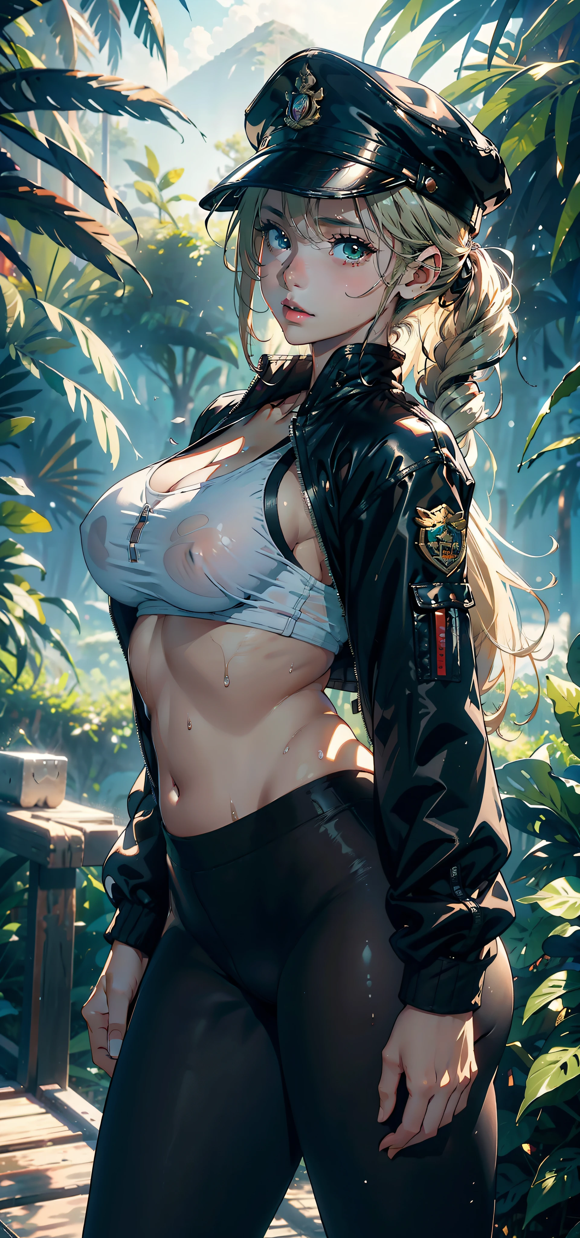 1female，****，teens girl，extremely large bosom，Pornographic exposure， 独奏，（Background with：the rainforest，in summer，Ground area water，exteriors） Casual blonde hairstyle，Stride，Sweat profusely，drenched all over the body，seen from the front ， mostly cloudy sky，（（（tmasterpiece），（Very detailed CG unity 8K wallpaper），best qualtiy，cinmatic lighting，detailed back ground，beatiful detailed eyes，Bright pupils，（Very fine and beautiful），（Beautiful and detailed eye description），ultra - detailed，tmasterpiece，）），face to the viewer，frontage，A high resolution，ultra - detailed）nakeness，Wipe off panties，revealing breasts，Bare genitalia， Bulge，Camel toes，Raised sexy，Lewd expression，Flushed complexion，Open-mouthed，frontage，military hat，（Wearing：green colored bomber jacket，Black pantyhose）athletic sneakers