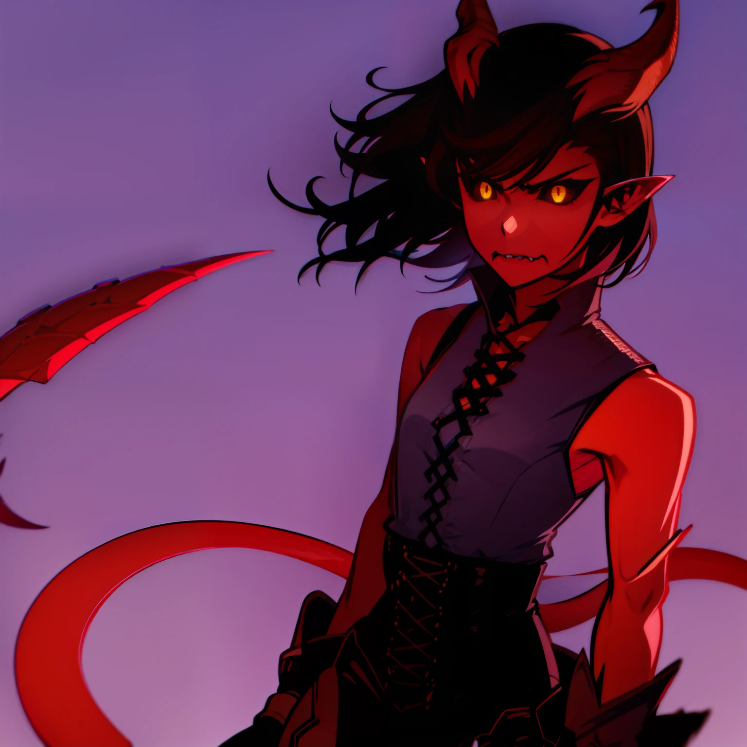 1girl, tiefling, red skin, yellow eyes, black sclera, pointy ears, horns, short brown hair, sharp teeth, black sleeveless shirt, black shorts, rogue outfit, demon tail, black boots, goggles on head, perfect anatomy, solo, cowboy shot, simple background