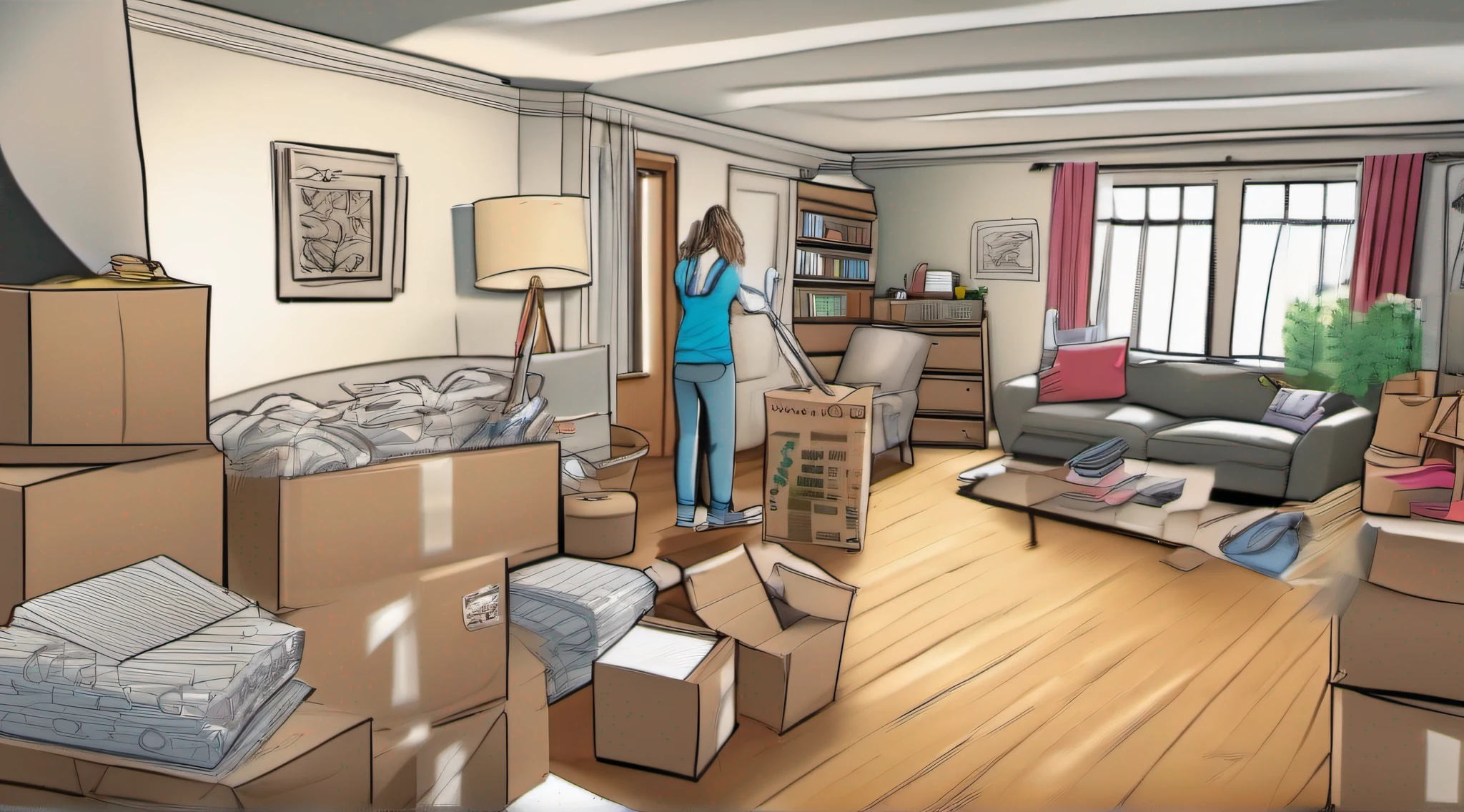 A photorealistic wide composition starts closed on a cluttered room filled with unpacked moving boxes before pulling back to reveal a team of professional cleaners from King of Clean transforming the messy home by tidying rooms, dusting, decluttering, and organizing. The busy homeowners look on gratefully as the crew handles the post-move deep cleaning process.