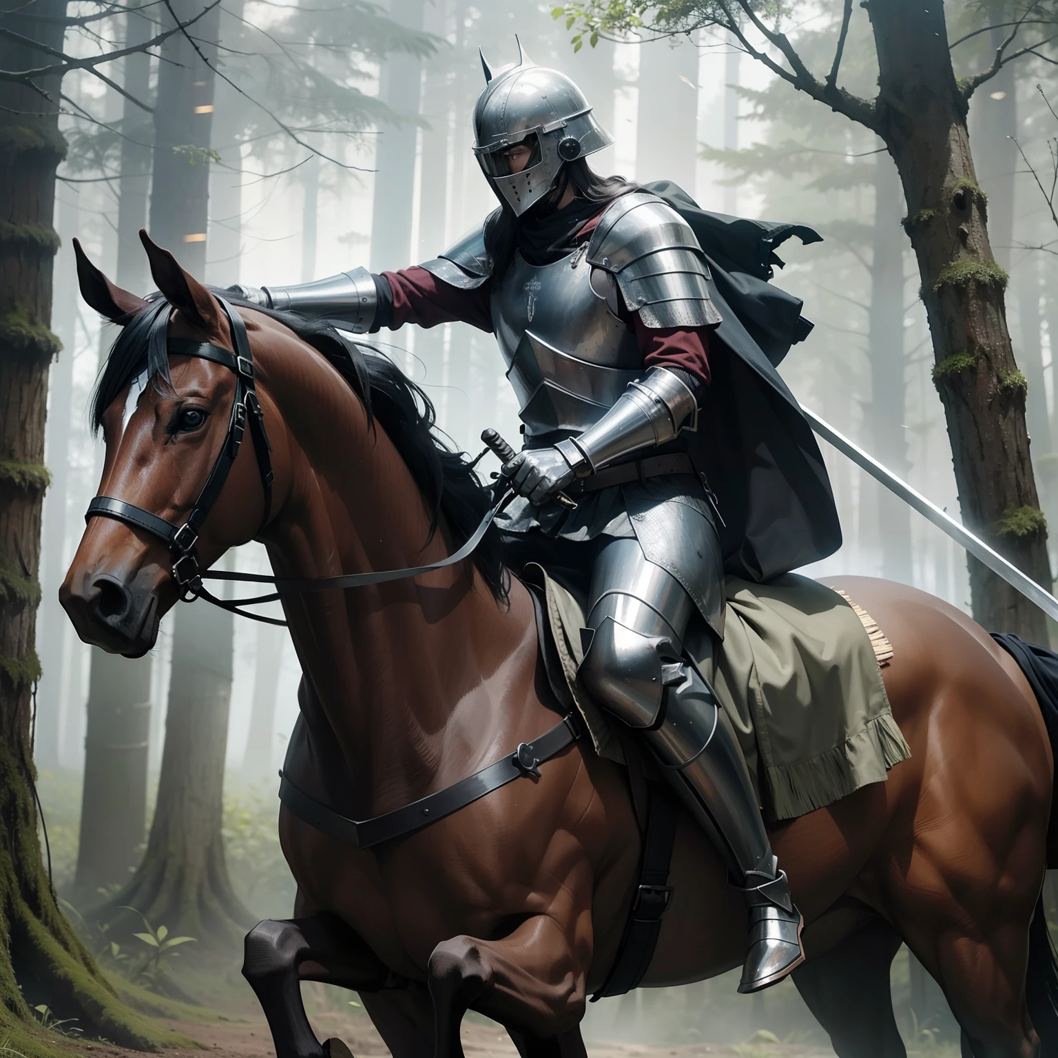 knight in armor, steel helmet, at war, forest background, sword, riding a horse