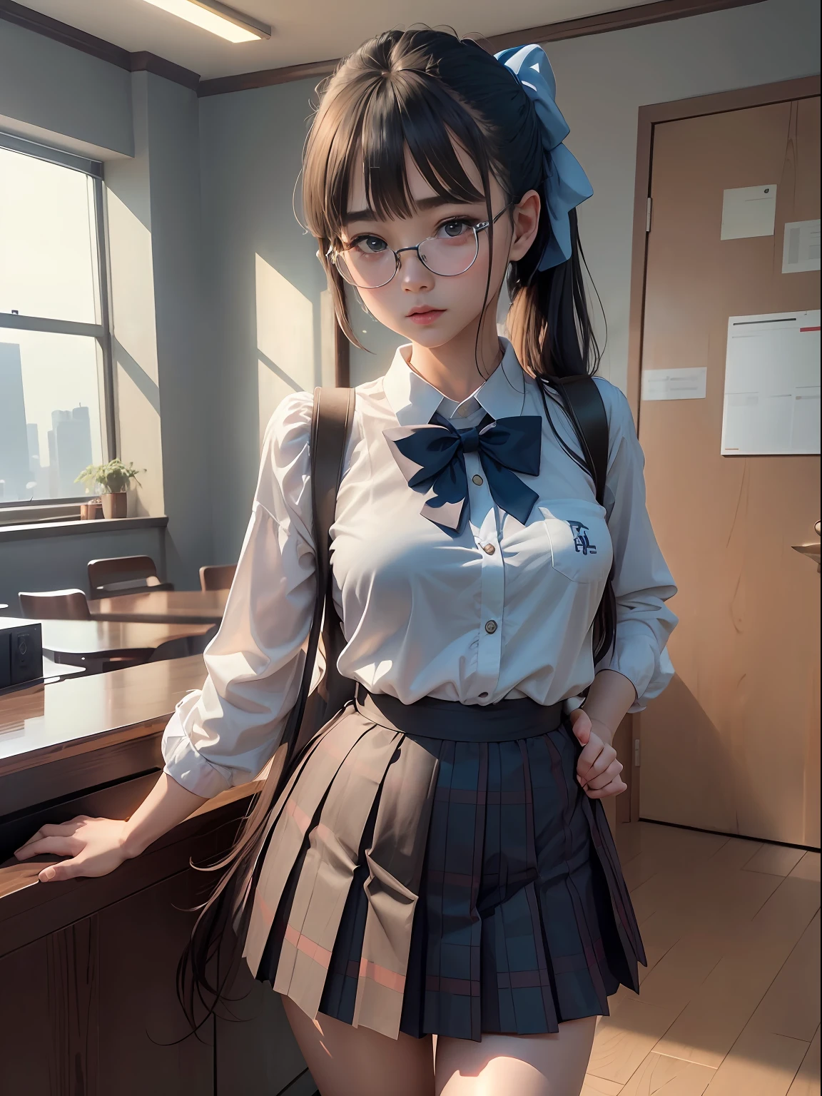 (Long ponytail),(Underwear is visible),(Open the crotch fully open,Open the legs in an M-shape),（8K、Raw photography、top-quality、​masterpiece：1.2),Blue Panties,pigeon chest,glamor,Chromo-white skin,cocky,School,watching at viewers,Looking at the front,Muchimuchi,High-pitched clothing,Erotic,Pupils,de pele branca,kne,absurderes,a small face,,Forehead visible,Bangs hanging from the left and right sides of the forehead,(a cold expression,Tight eyes,glares,Bullish,irate)、​masterpiece,top-quality、超A high resolution,Raw photo,ren,Beautiful fece,One Person, 独奏,eye glass,,Dark look,Small breasts,fullllbody,Round glasses,JK school uniform,hi-school girl,A Japanese Lady,（Photorealsitic：1.37）、Photon mapping,Realistic、Beautie,Cute little face,Brown-eyed、Black socks、(Red bow tie)、Radio City、Physically Based Rendering、depth of fields、Blurry background、a picture,Body,beauty legs, Long legs, Thin leg,(Bangs are visible), hair, s lips, Blue_The eye, nosesoft,(Light blue shirt), (Navy and blue and white plaid pleated skirt), Knees are visible,Sheer clothing,, Thigh, Black cotton socks,Nogizaka Idol, 女優, Japanese ido