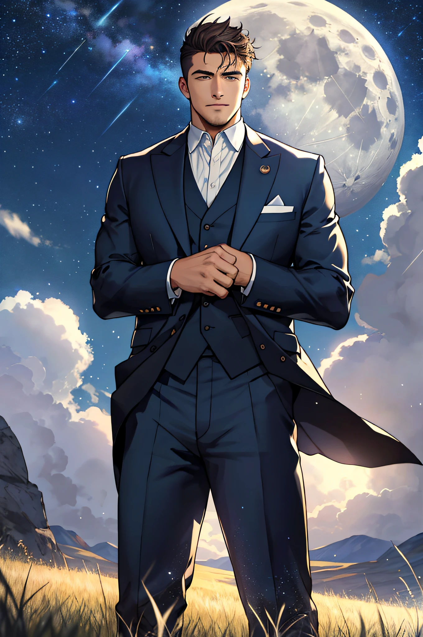 Draw a full-fledged footballer,Standing on the steppe at night,Quiet and comfortable background,He wears the same suit as the country's president,The suit fits perfectly,Handsome face,eyes with brightness,The man looks confident and determined,looking-down,Crew cut,full bodyesbian,Stars dot the sky,shooting from below,Big moon highlights background