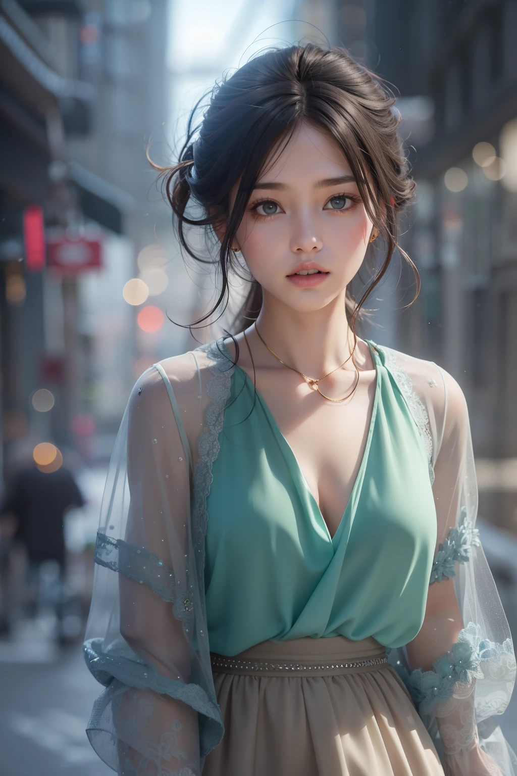 Young girls,Drooling hair,dark brown hair,Urban street background,full bodyesbian,long leges,Beautiful body structure covered,Super detailed drawing, Impressively realistic photos,aqua clothes,Snow blue clothes,Light taupe clothes,Translucent clothes,(Casual hairstyle,:1.2), stunning elegant pose, see through dresses,Translucent maxi dress,Background bokeh,Goddess-like existence,Office Lady