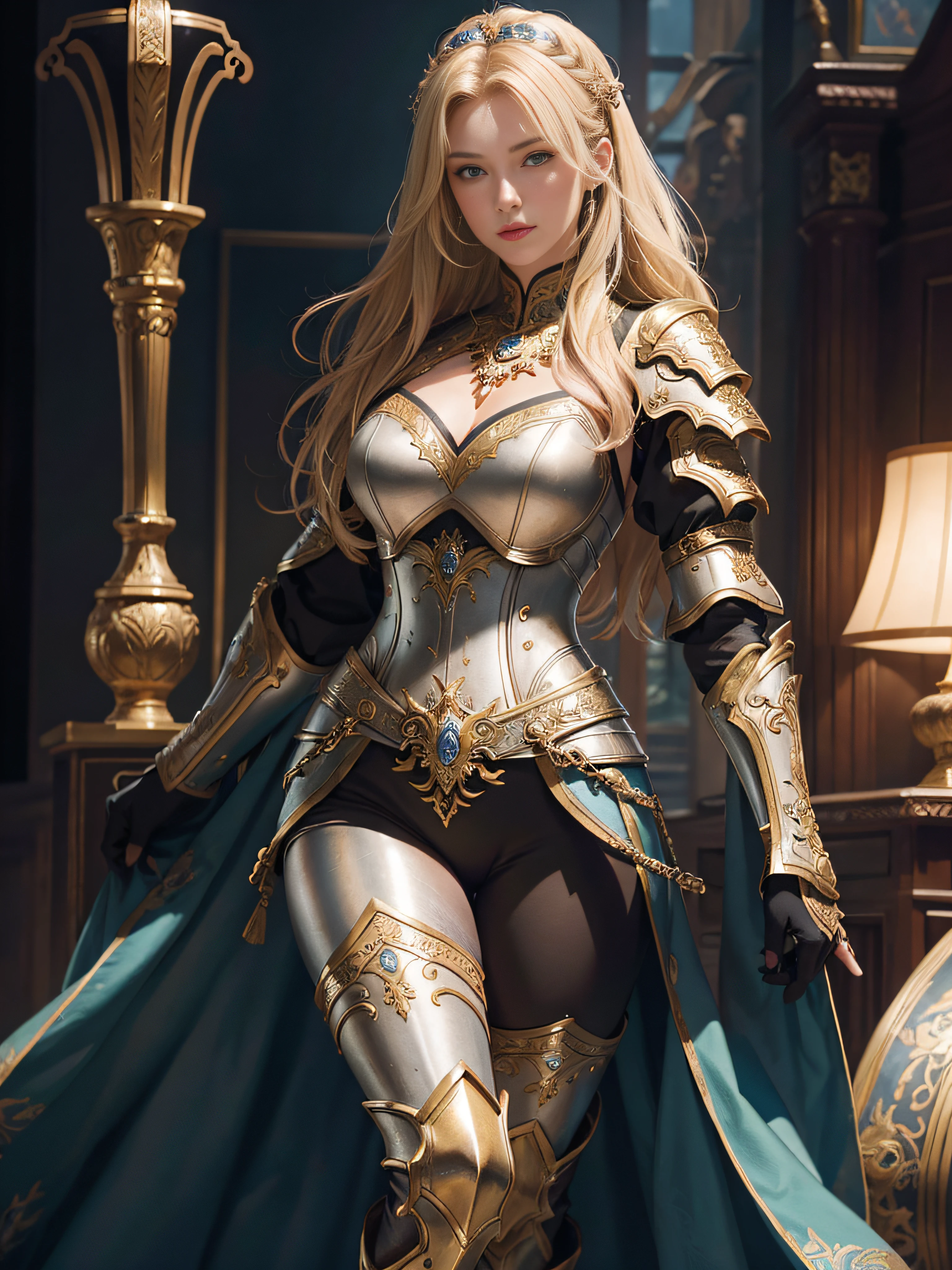 tmasterpiece,A high resolution,Absolutely beautiful,a mature female,European warriors,Fine and detailed eyes and detailed face,Tall and tall,The blonde,She wears armor,Full coverage armor,Armor pants,Armor boots,Show armor iron boots、The armor is rich in color、Exquisite details of the armor、decor,Shogun, allure:(Tall:1.4),haughty,Mature temperament,(Wide buttock:1.4),(Thick thighs:1.4),Majesty,Rich scene detail,In the midst of the war,are standing,action