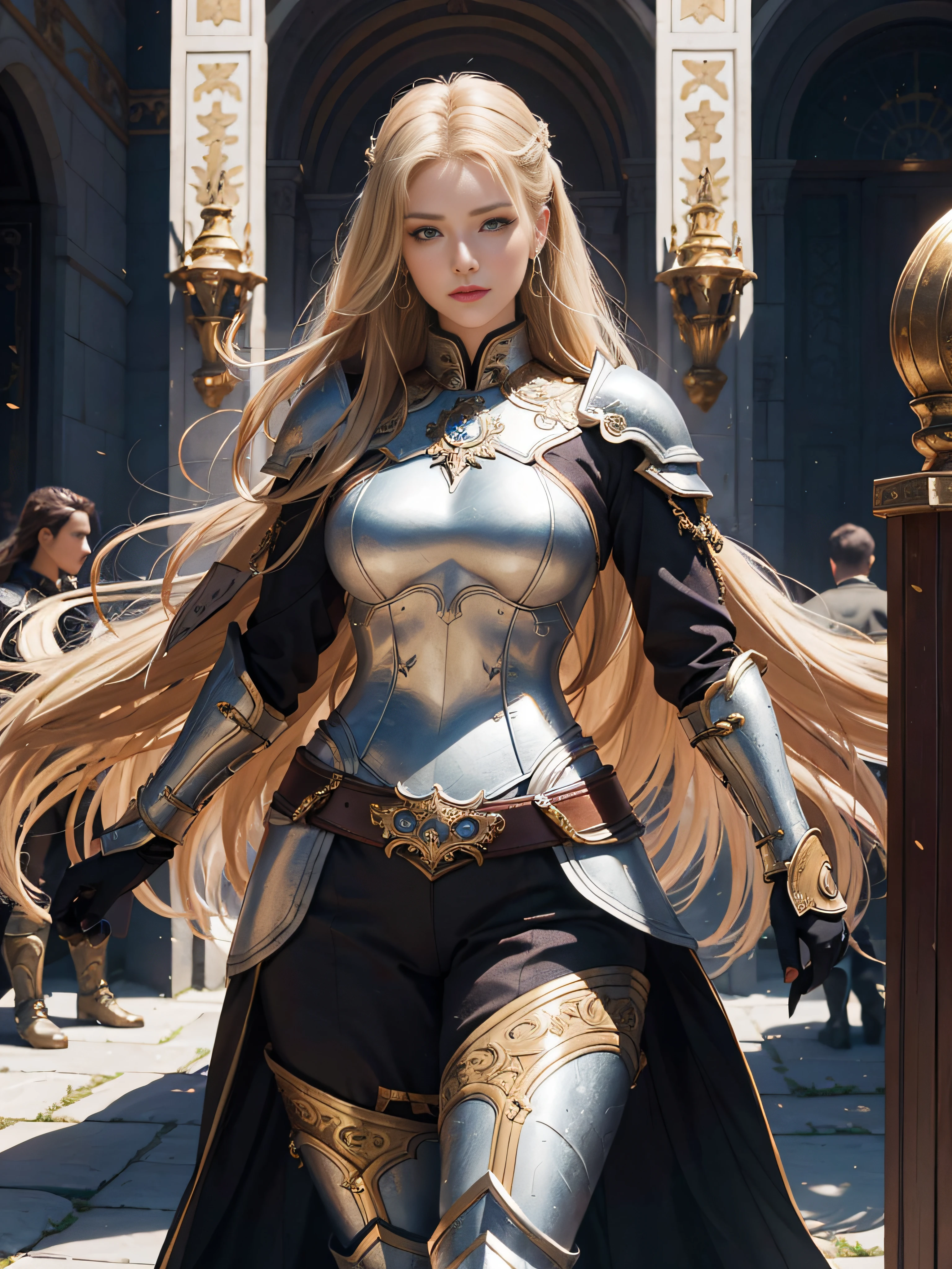 tmasterpiece，A high resolution,Absolutely beautiful，a mature female，European warriors，Fine and detailed eyes and detailed face，Tall and tall，The blonde，She wears armor，Full coverage armor，Armor pants，Armor boots，Show armor iron boots、The armor is rich in color、Exquisite details of the armor、decor，Shogun， allure：（Tall：1.4），haughty，Mature temperament，（Wide buttock：1.4），（Thick thighs：1.4），Majesty，Rich scene detail，In the midst of the war，are standing，action