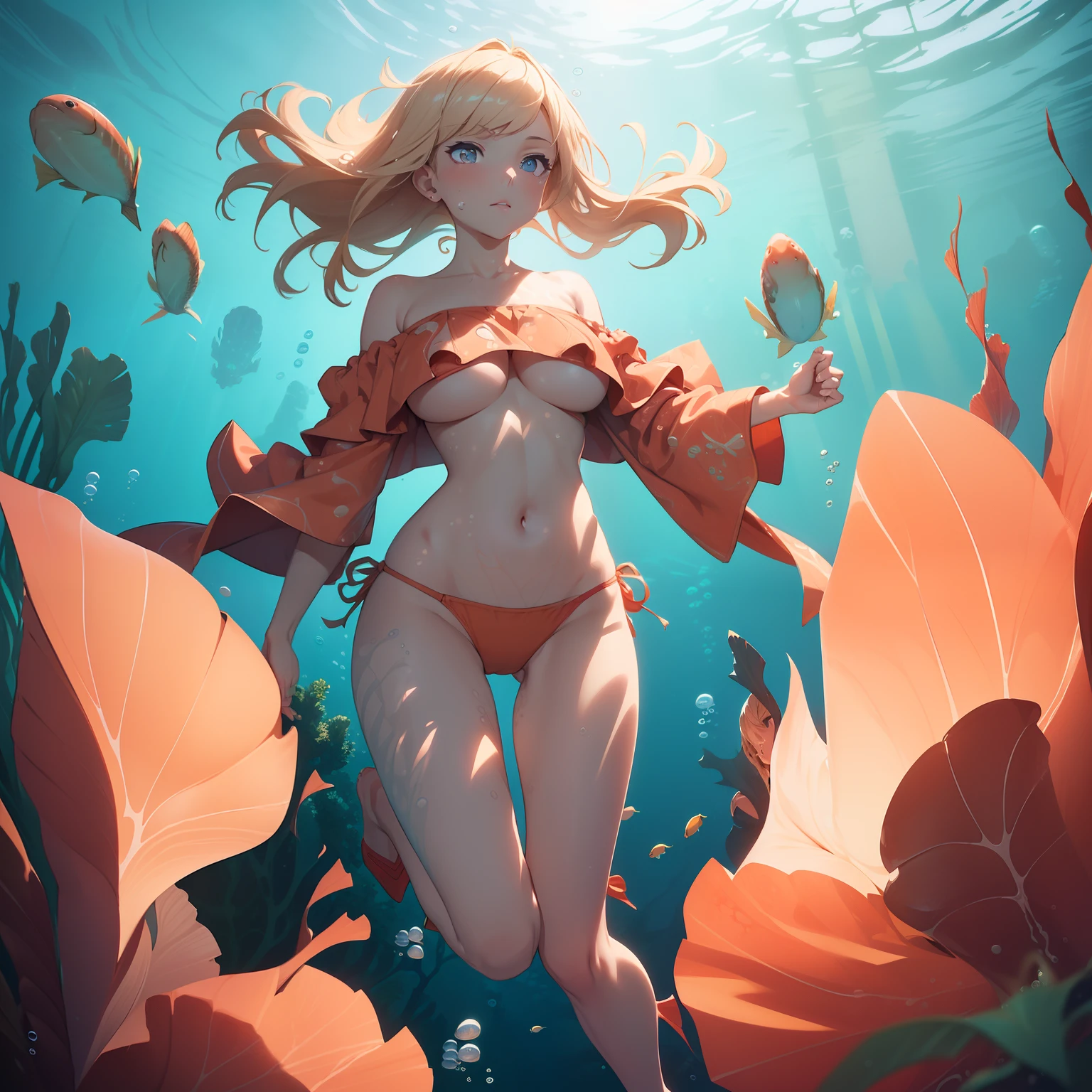 (masterpiece, 8k, best quality), photorealistic, cinematic, dynamic background, anime girl, short blonde hair, (((wide shot, full body view, from below))), (head to toe visibility), perfect anatomy, curvaceous body, alluring, perfect eyes, perfect hands, perfect eyes, detailed eyes, large breasts, round ass, long round legs, (((underwater:1.5))), (((Off-Shoulder Bikini in Coral and Peach color, underboobs))), underwater scenery, aquatic life around, bubbles, sunshine above, The swimmer's body is facedown, and the arms move simultaneously in a circular motion, propelling the body forward. The legs execute a whip kick, where the feet are turned outward and then brought back together in a snap, extremely detailed Artgem, IG model, alena aenami and artgem, krenz cushart and artgem, artgem and atey ghailan