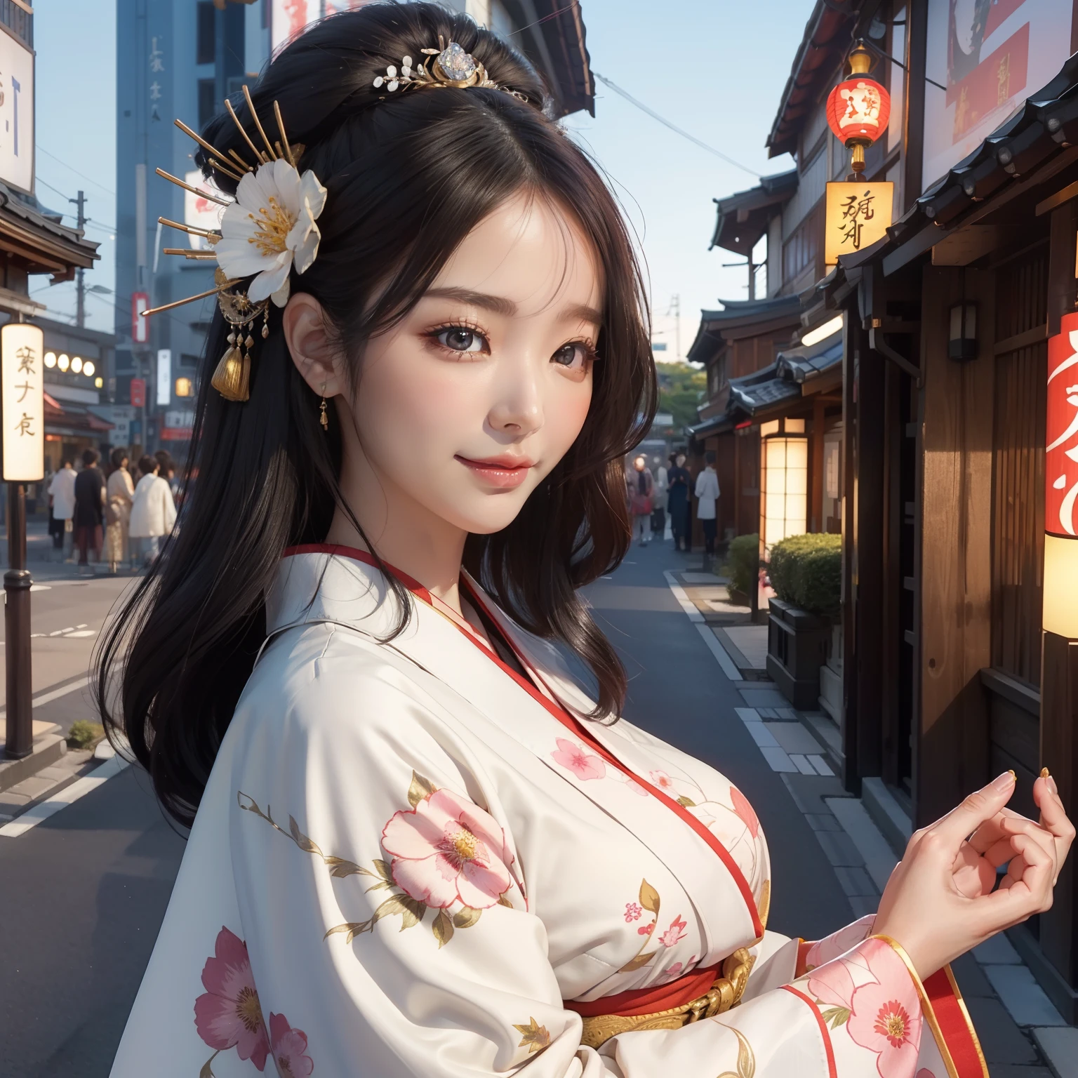 I'm wearing a light-colored kimono with a very beautiful floral pattern..、Hair is shiny、Black、a very beautiful woman、Eyes are double, Big and cute、Bust is D cup、A slightly embarrassed expression、High image quality, High quality、Detailed background、The background is a clear sky and the cityscape of Kyoto、I'm wearing a hair ornament.、Glittering background、The inside of the eye shines like a diamond、4 fingers, 1 thumb、High image quality、Detailed female face、Smile、A Japanese Lady (Maiko)、Very beautiful and cute woman、Hair is black、geisha