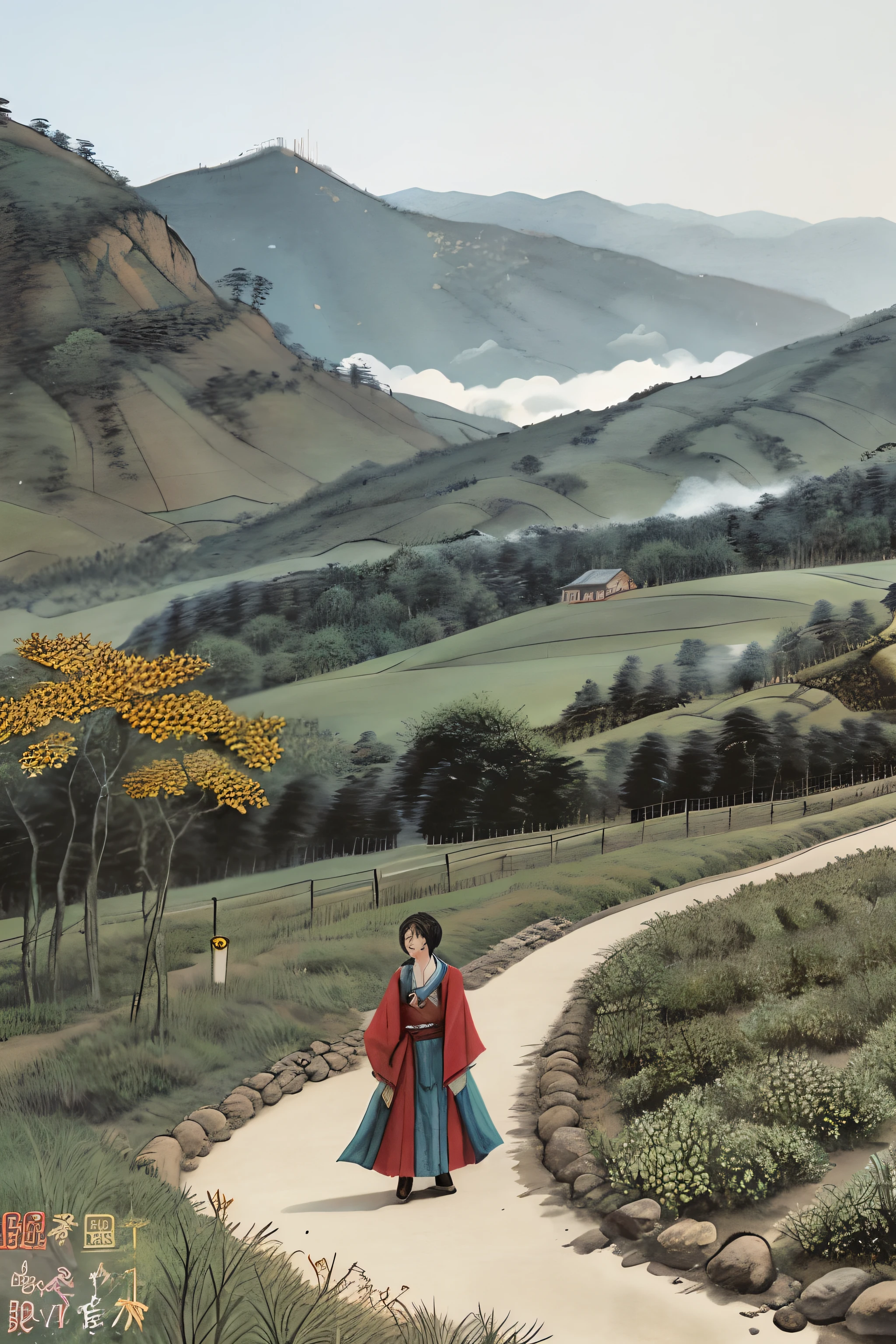 Mountain,wuchangshuo, wuchangshuo,tmasterpiece,Best quality at best,(The is very detailed的 CG unified 8k 壁纸)(best qualtiy),(Most Best Illustration),(Best shadow)Harvest wheat naturally,Super meticulous,Chrysanthemums are picked under the eastern fence,Leisurely,The South Mountain in the distance came into view。