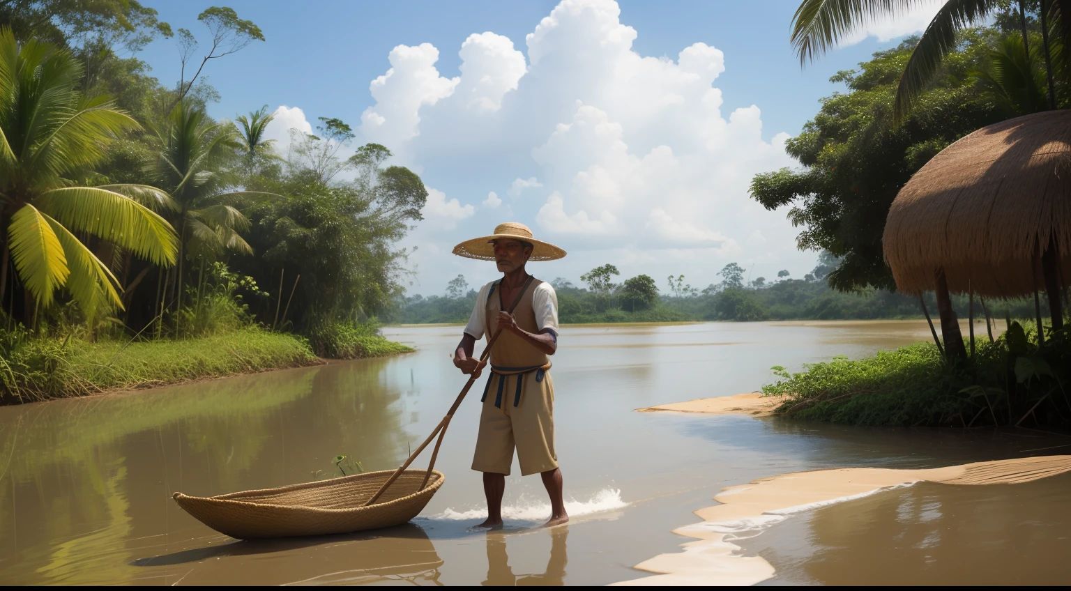 Date: 1934
Country: Brazil
Description: Along the Amazon River, a fisherman in a traditional straw hat casts his net into the water. His connection to the land and water reflects Brazil's diverse cultural tapestry.