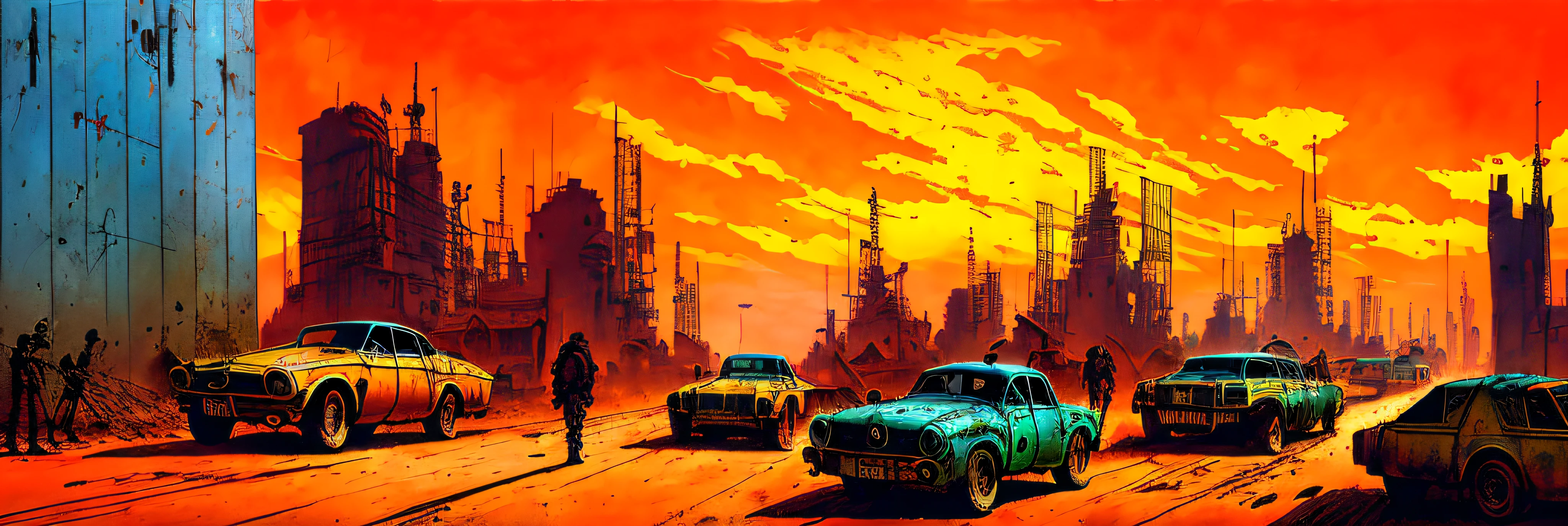 angola, old-cars, city, science fiction, complex scene   futuristic, post-apocalyptic
dark, dim light, dark-scene, orange-scale
(  ink sketch by Enki Bilal)((masterpiece, best quality, )),