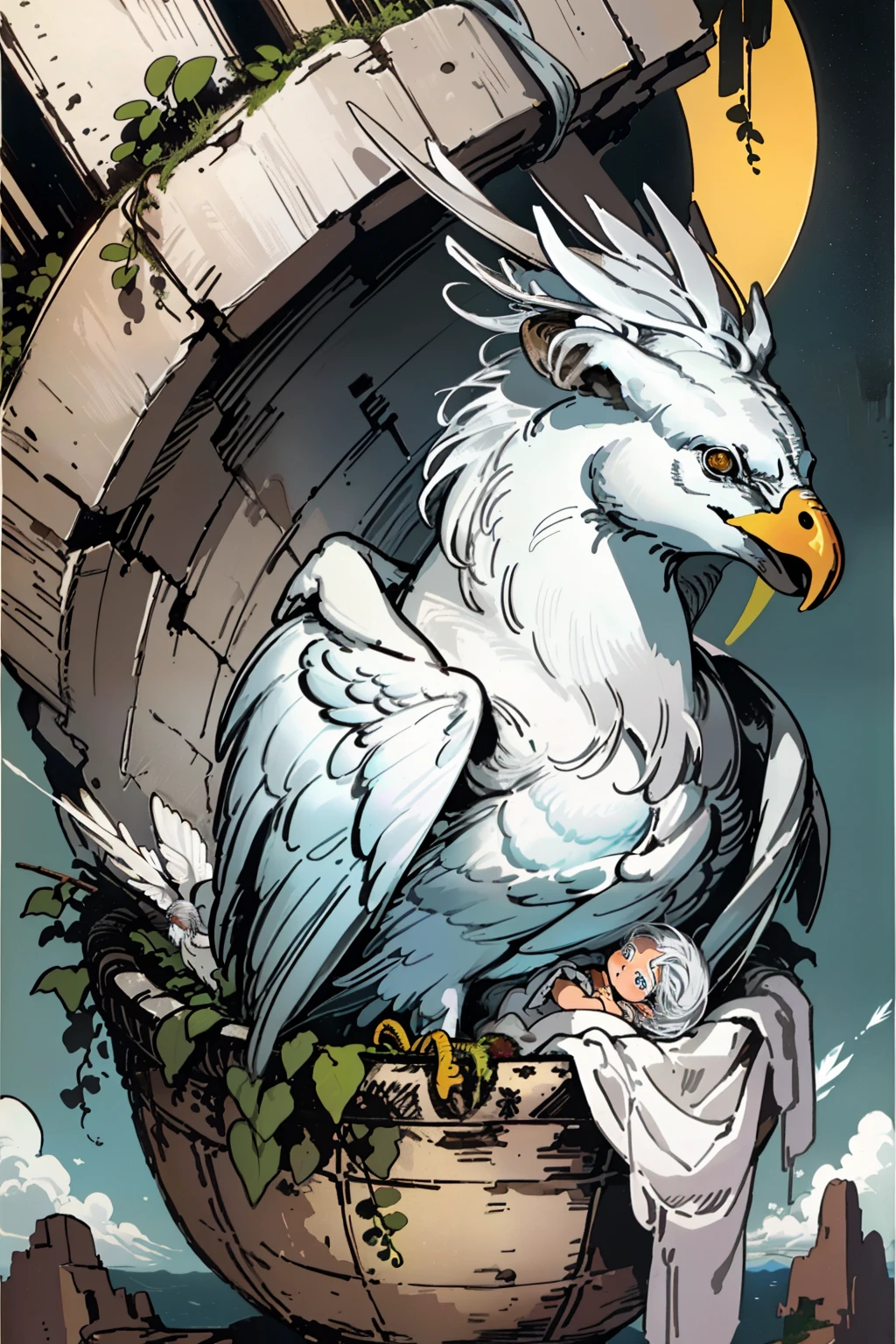 (Masterpiece),(high resolution), newborn baby,(silver hair:1.2), gentle, delicate wicker basket, 1 majestic white eagle, vibrant feathers, captivating, gracefully perched, rugged cliff.