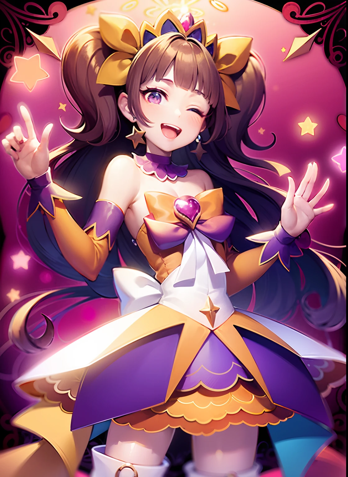 Cartoon image of a man in a dress with a star, He has long orange-brown twin-tailed hair, Official art, Sparkling Magical Boy, official artwork, Prince in anime, Bright Demon, hq artwork, fanart, Beautiful, Boy in orange and yellow and violet costume, An orange halo around his head, marin kitagawa fanart, Star Sparkle, Magical shiny skin, Dress Up Darling Anime, Promotional Art