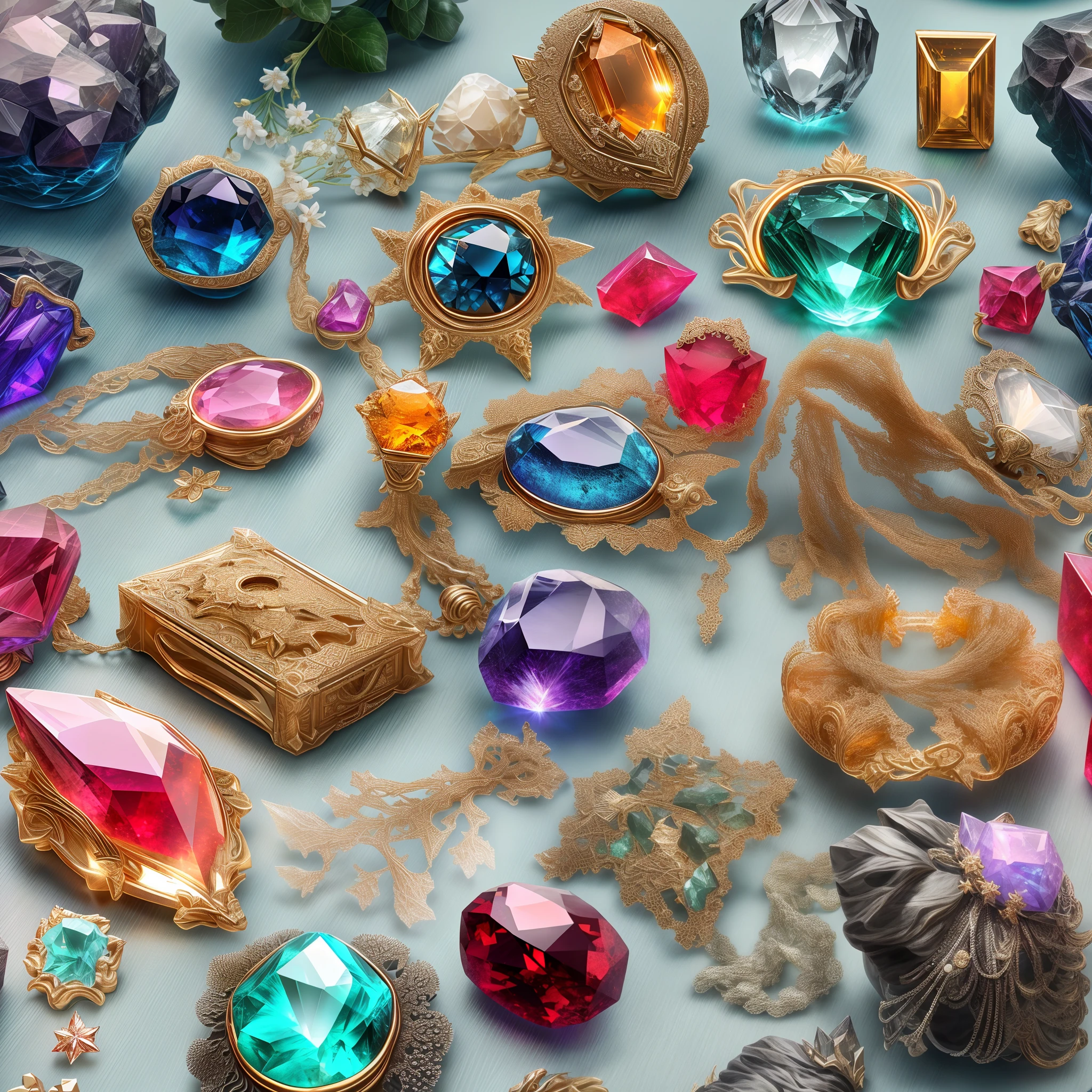 (Forest life style: 1.2), (Full Focus: 2), (Everything in Display Cabinet: 1.3), (Magic Items | Colorful Gems | Cherry Blossoms | Printed Silk Products | Medals | Ores | Obsidian | Pearl | Emerald | White Jade | Amethyst | Sapphire | Gold Products | Silver Products | Purple Gold | Magical Jewelry | Antiques | Ruby | Orange Gem | Blue Gem | Topaz |: 2), Magic Symbols, Magic Particle Effects, High Tech Luxury, High Value Jewelry, High Value Metal, Luxury items, no puzzles, detailed and complex backgrounds, sparkling, reflective light, ultra high definition, award-winning, a high-resolution, high detail texture, contrast between light and dark, cinematic lighting, masterpieces, ray tracing, structurally correct, super details, high-quality, high detail, best quality, 16k