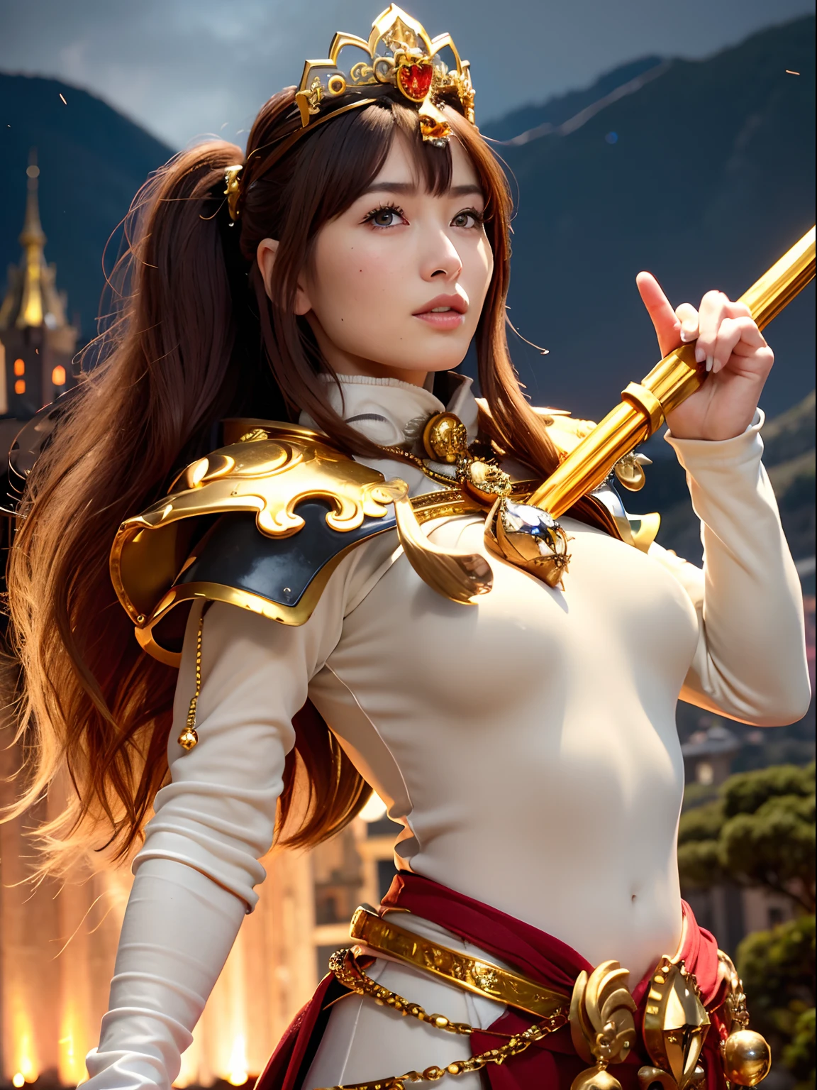 (masutepiece), Professional , masterpiece、top-quality、photos realistic , depth of fields (Gemstone Silver Metal Body:1.9),(Matte yellow、Jewel Gold Weapon、(Gorgeous castle background)、(Jewel Metal Body:1.4),Gorgeous Jewel Metal Weapons , Detailed Sword of the Brave ,( Soldier background in metal armor) ,warhammer 40k , adepta sororitas,Detail and ornate jewel crown、独奏、Brown hair、(Gangle's forest background)、Beautiful Caucasian beauty、1a person、dynamic ungle,(((Diamond tiara with detail and luxury)))、a small face、A smile、Powerful poses、(Gorgeous castle background)、huge filesize、20 year old beautiful woman、Stand in the center of the screen、Thin female fingers、Straight long hair、Beautiful Caucasian beauty、