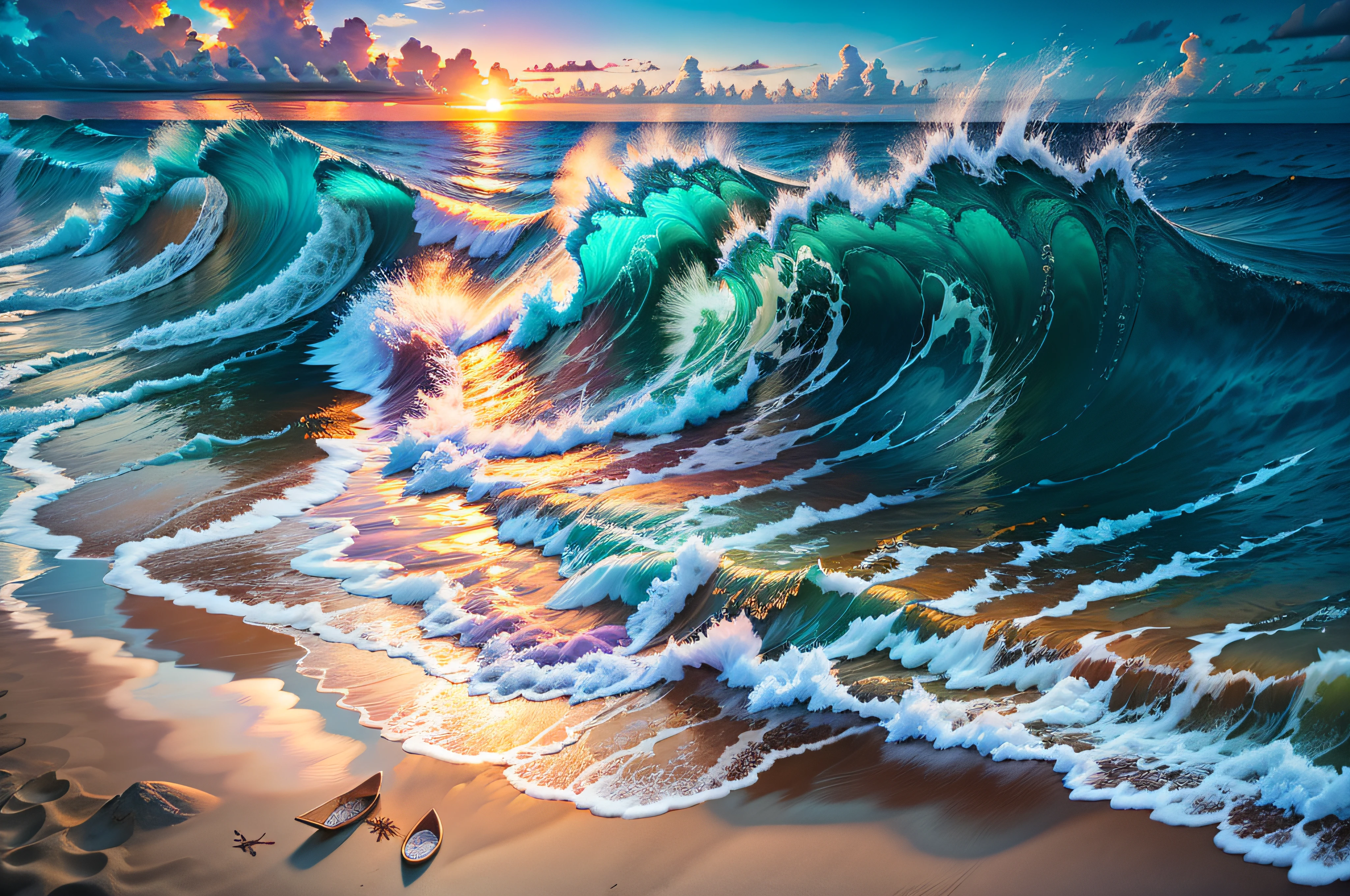 masterpiece、top-quality、超A high resolution、8K、realisitic、Highly detailed CG、ultra-detailliert、finely detail、hawaii、the beach、Fantastic horizon with a mixture of orange and blue、 Sunset sky dyed purple-red、the setting sun、Silhouette of a palm tree、Emerald Green Sea、 Crashing waves、White sandy beach、Composition with depth、Perspective